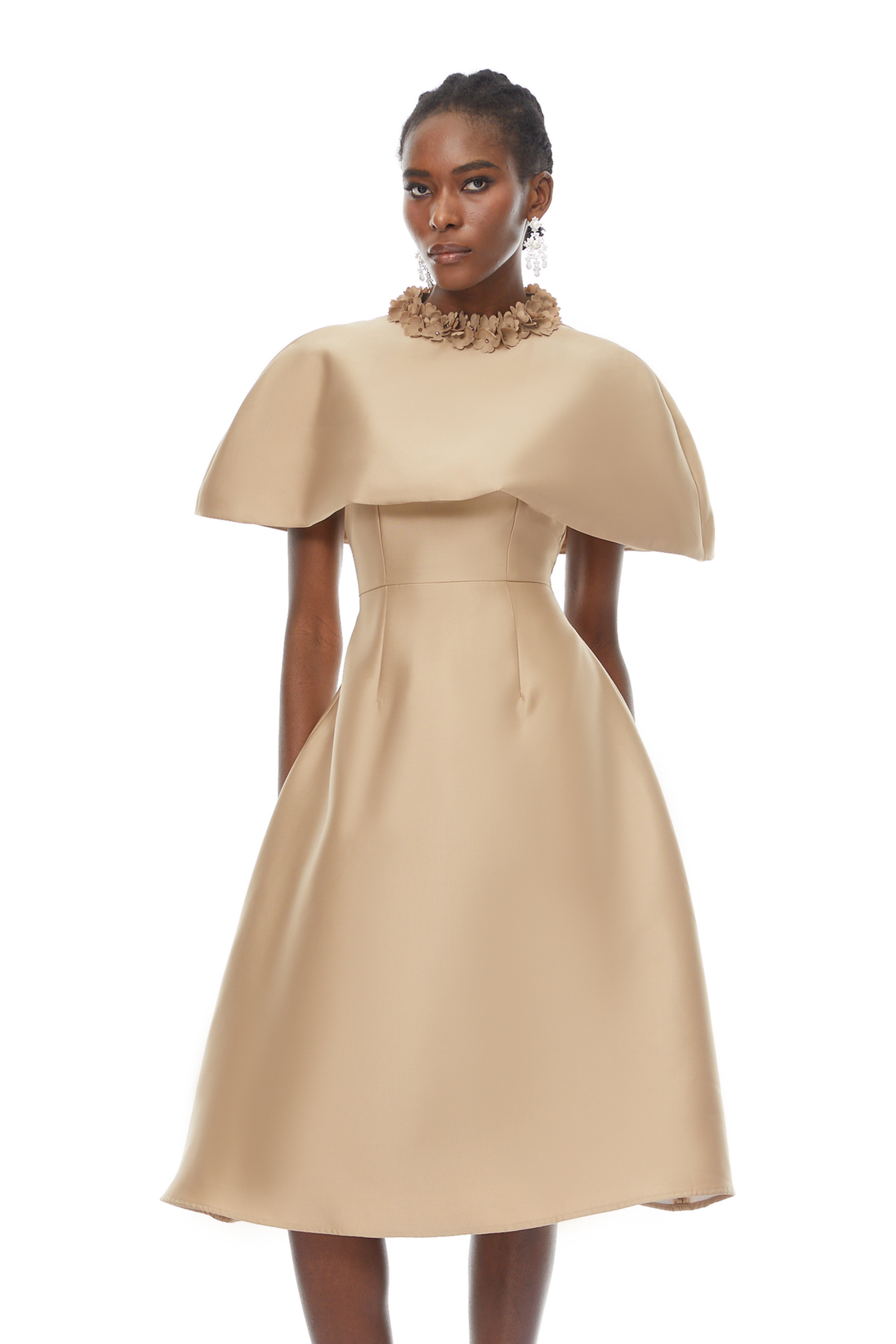 Hilda Khaki Cape Design Satin Midi Dress (Final Sale-US Only)