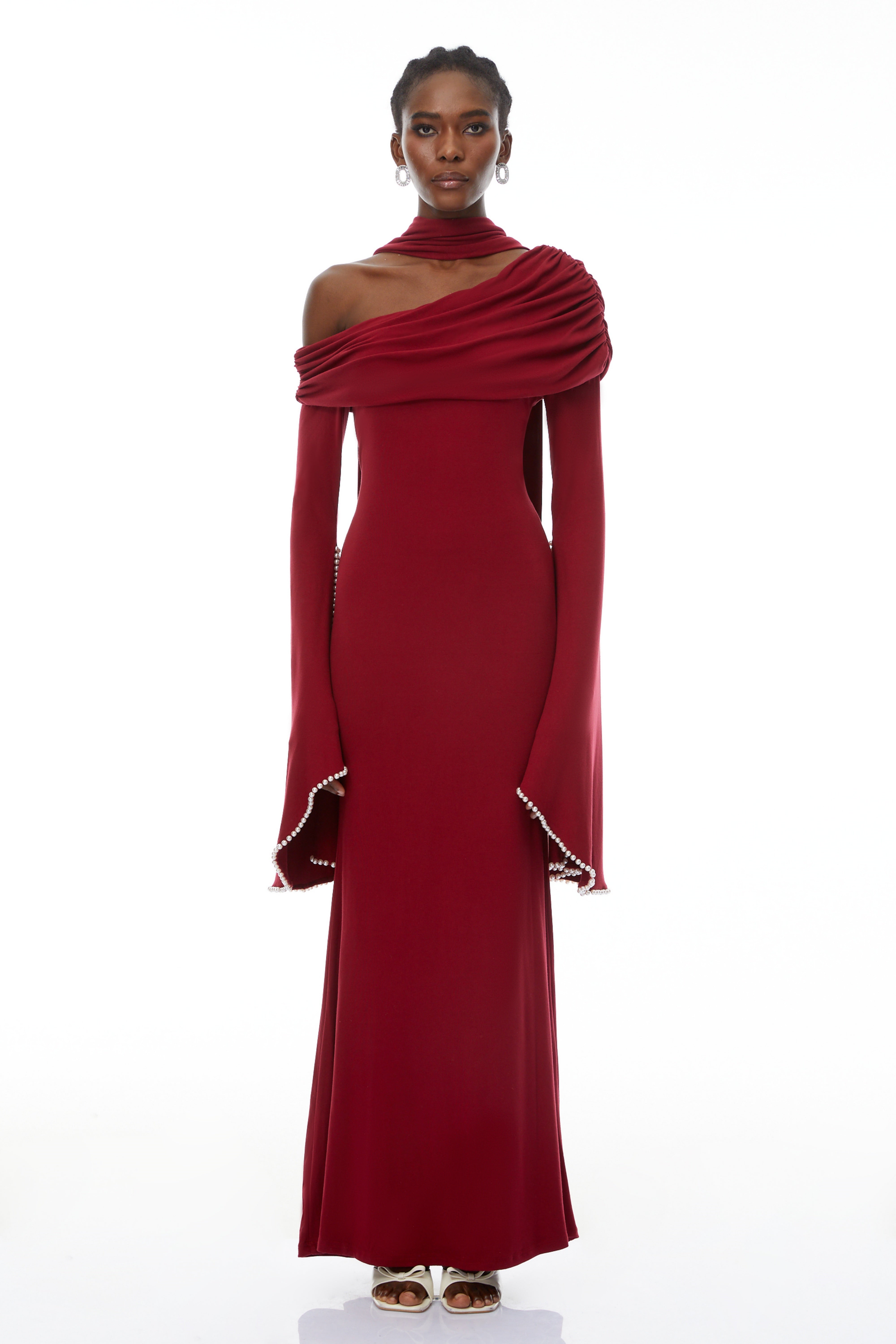 Simona Burgundy One Shoulder Pearl Trim Maxi Gown (Final Sale-US Only)