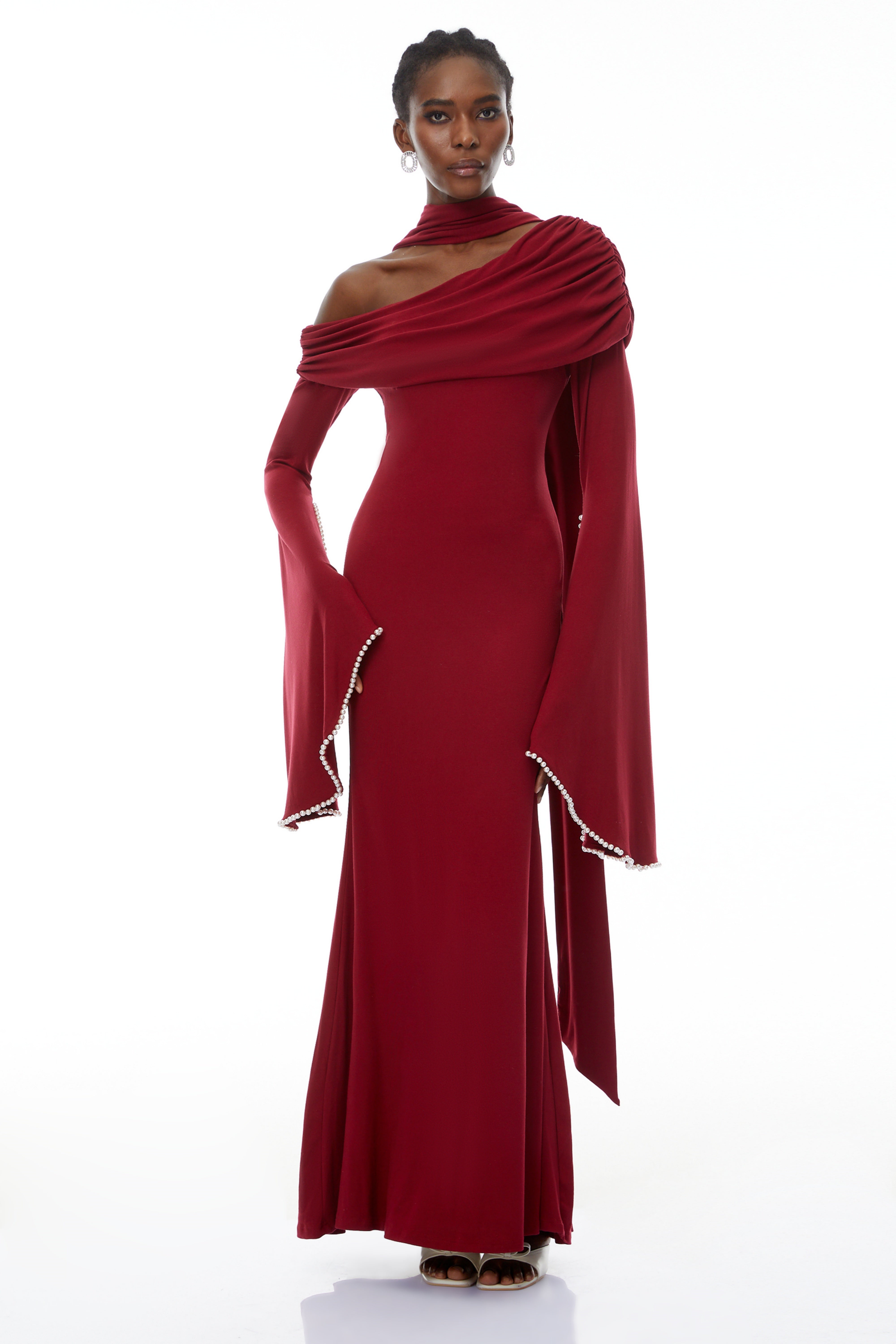 Simona Burgundy One Shoulder Pearl Trim Maxi Gown (Final Sale)