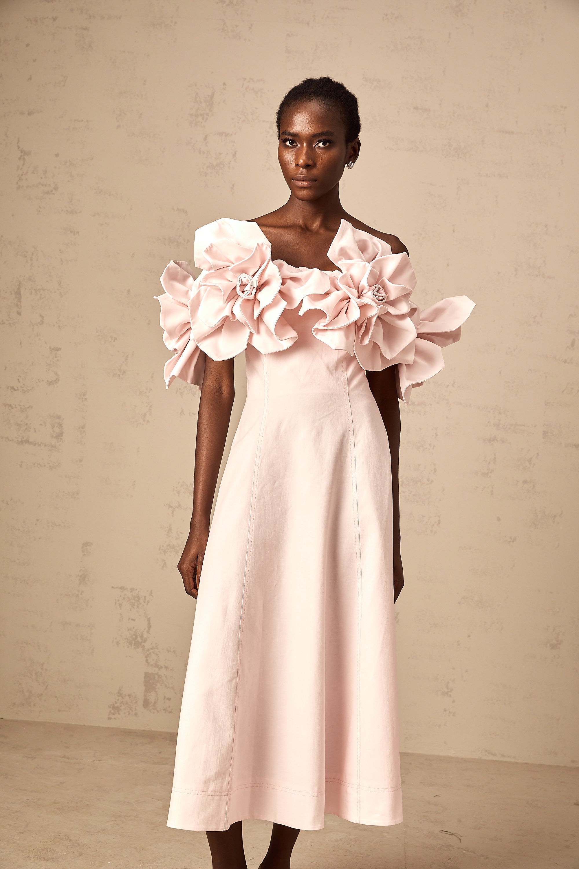 Juliette pink off-shoulder 3D-petal midi dress (Final Sale)