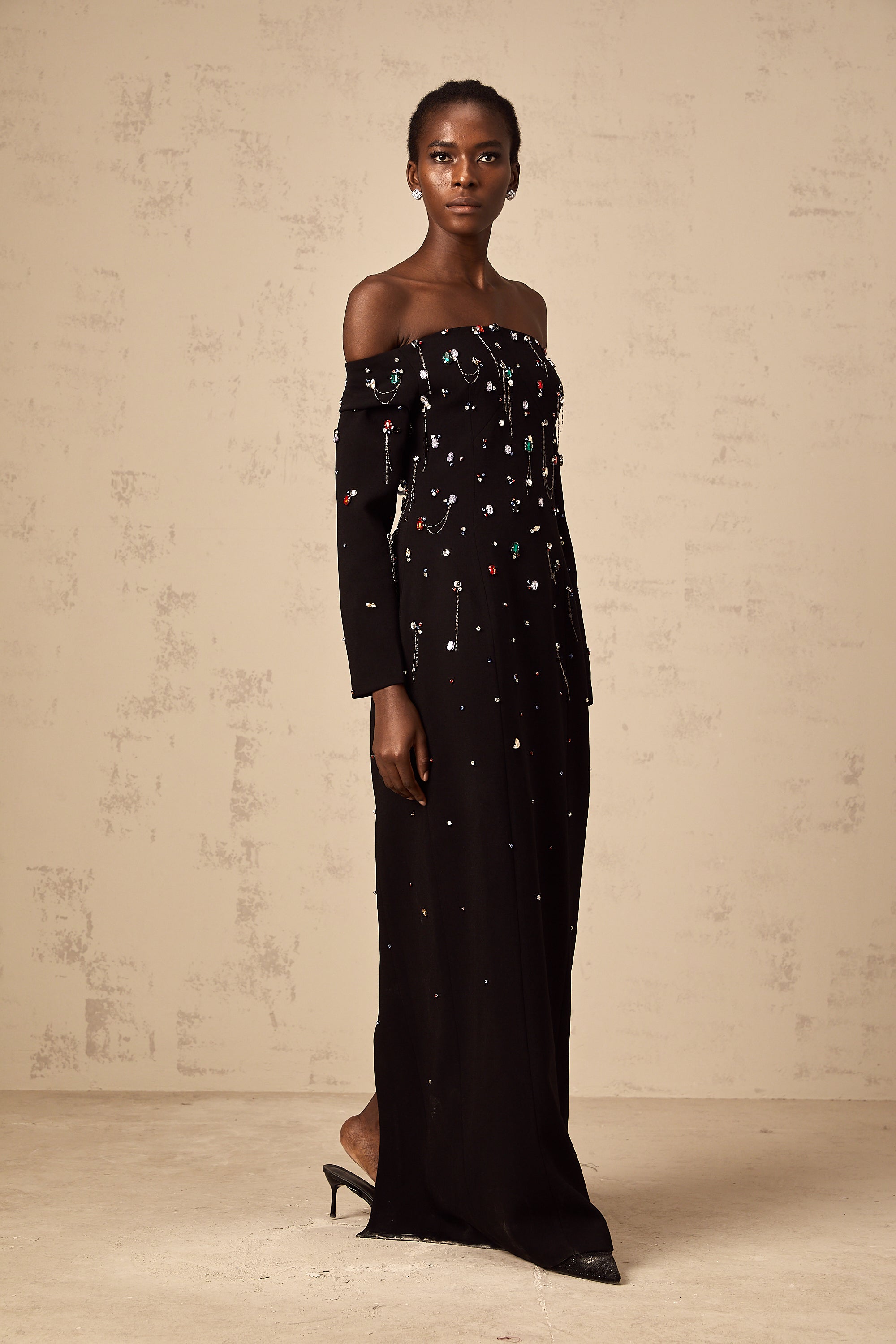 Gabrielle black crystal off-shoulder maxi dress (Final Sale-US Only)