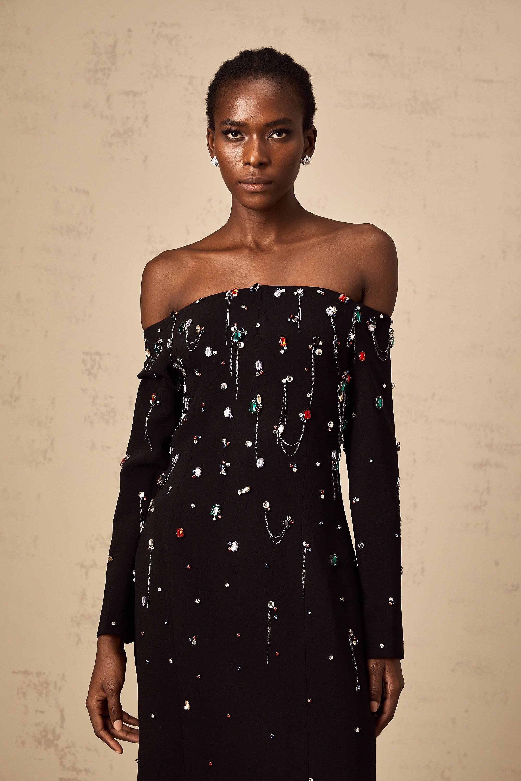 Gabrielle black crystal off-shoulder maxi dress (Final Sale-US Only)