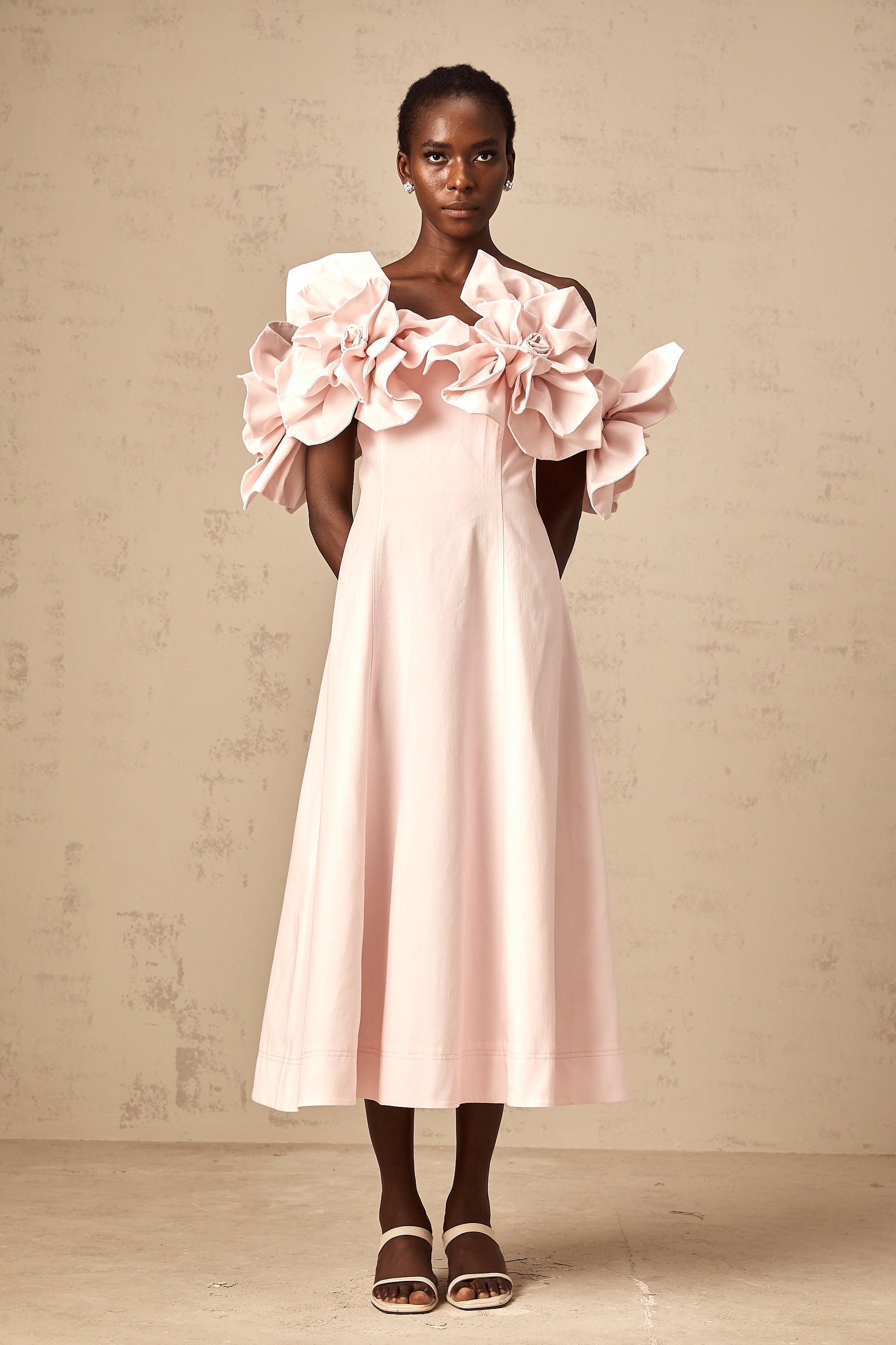 Juliette pink off-shoulder 3D-petal midi dress (Final Sale)