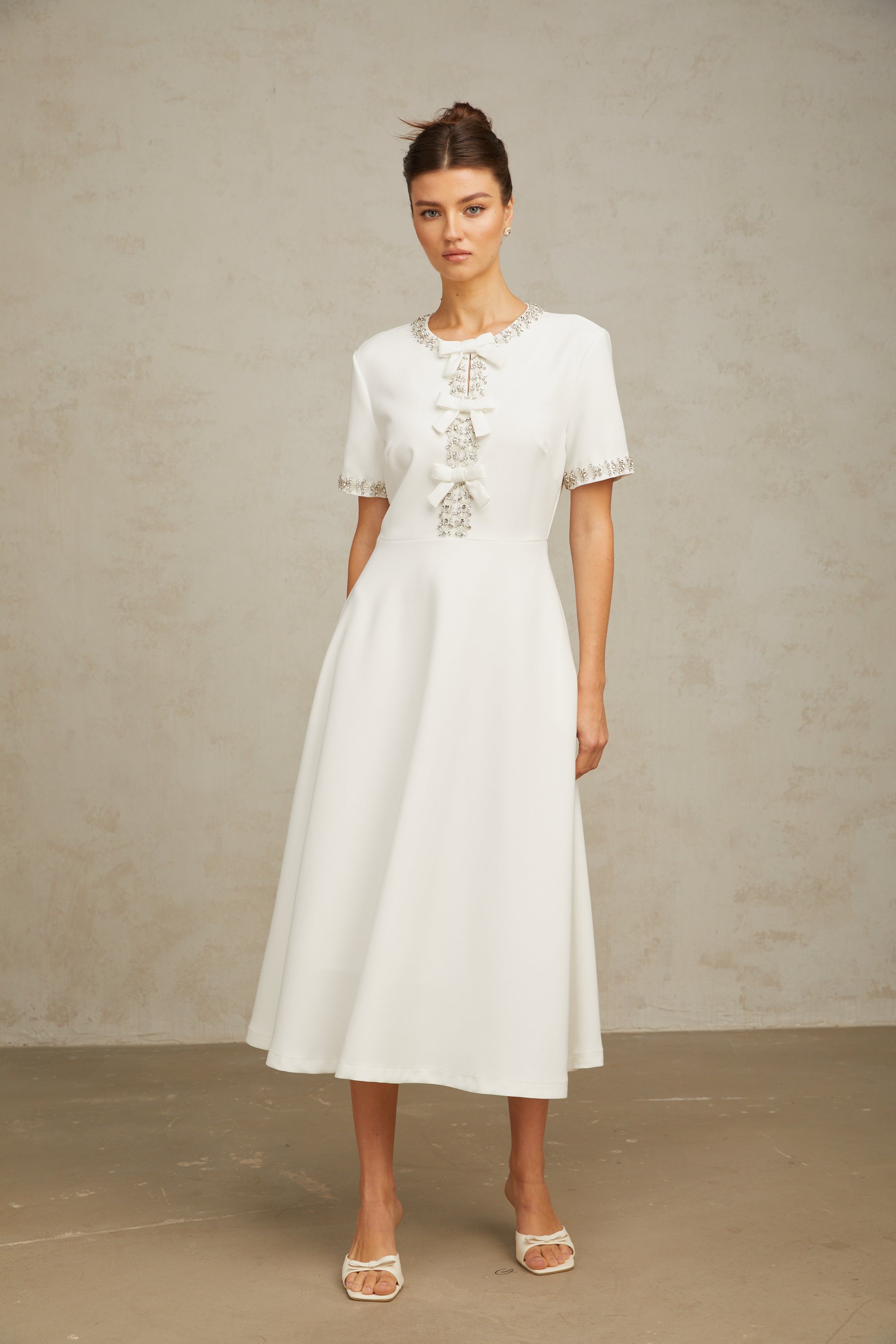 Cassiopeia crystal-accented bow midi dress in White (Final Sale)