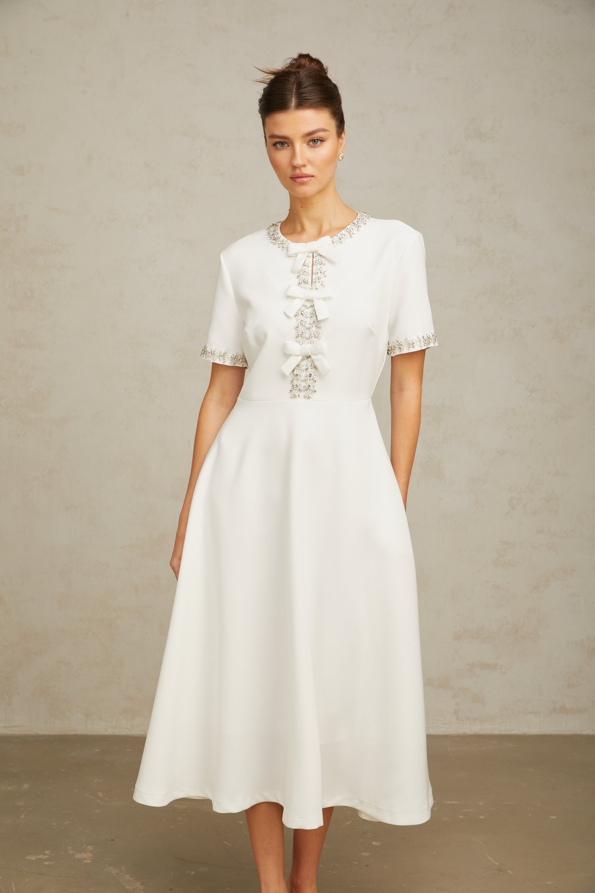 Cassiopeia crystal-accented bow midi dress in White (Final Sale)