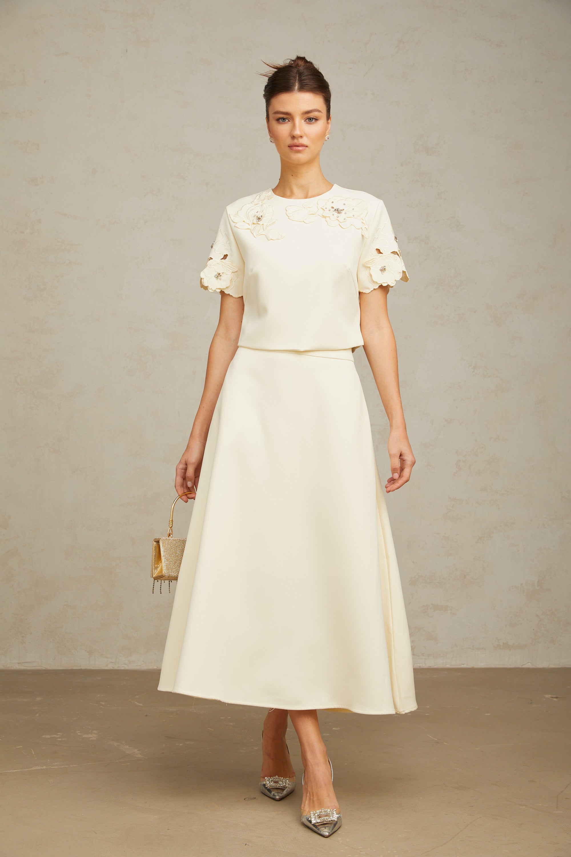 Coralie neutrals 3D-petal top & skirt matching set (Final Sale-US Only)