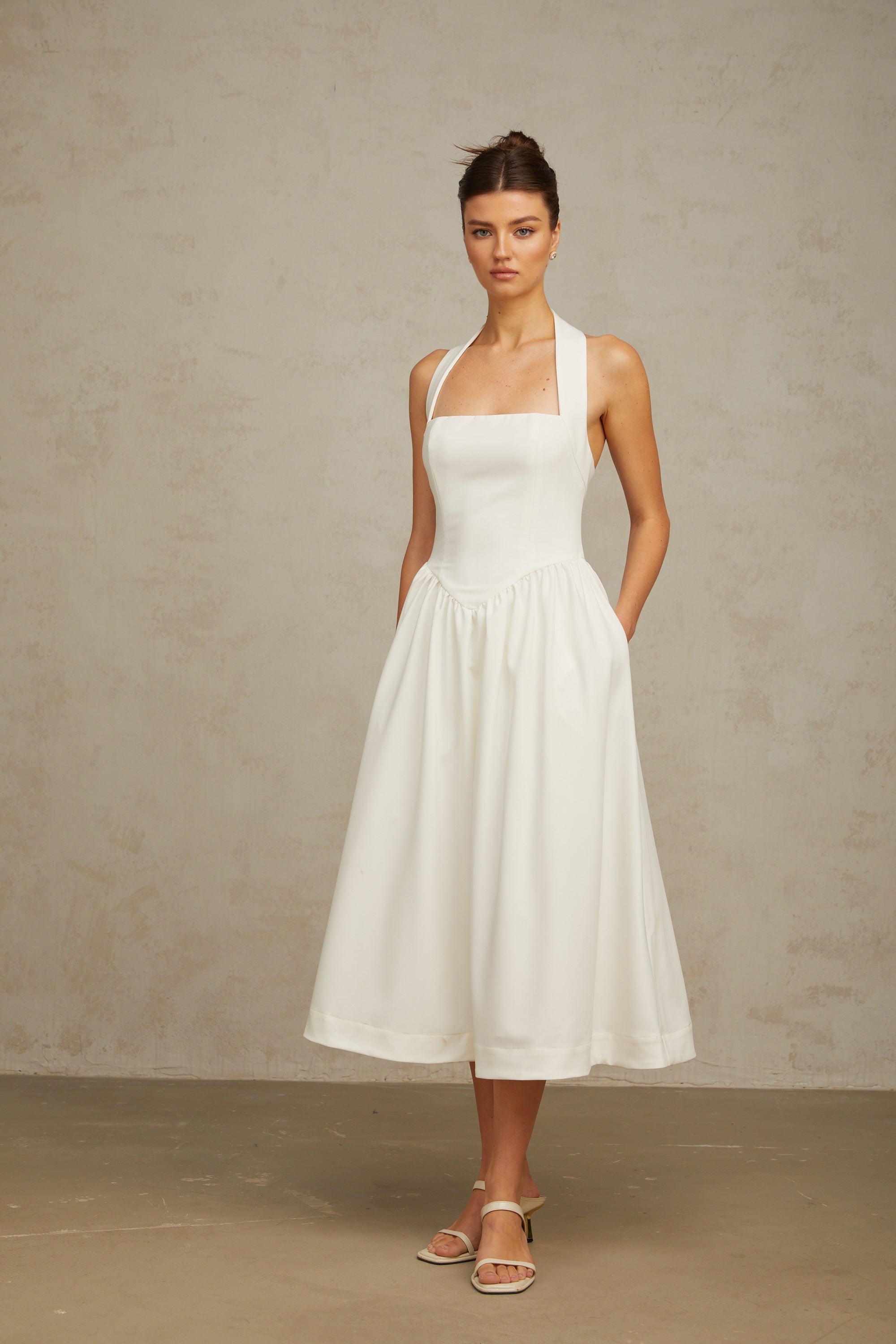 Alizée halterneck pleated midi dress in White (Final Sale)