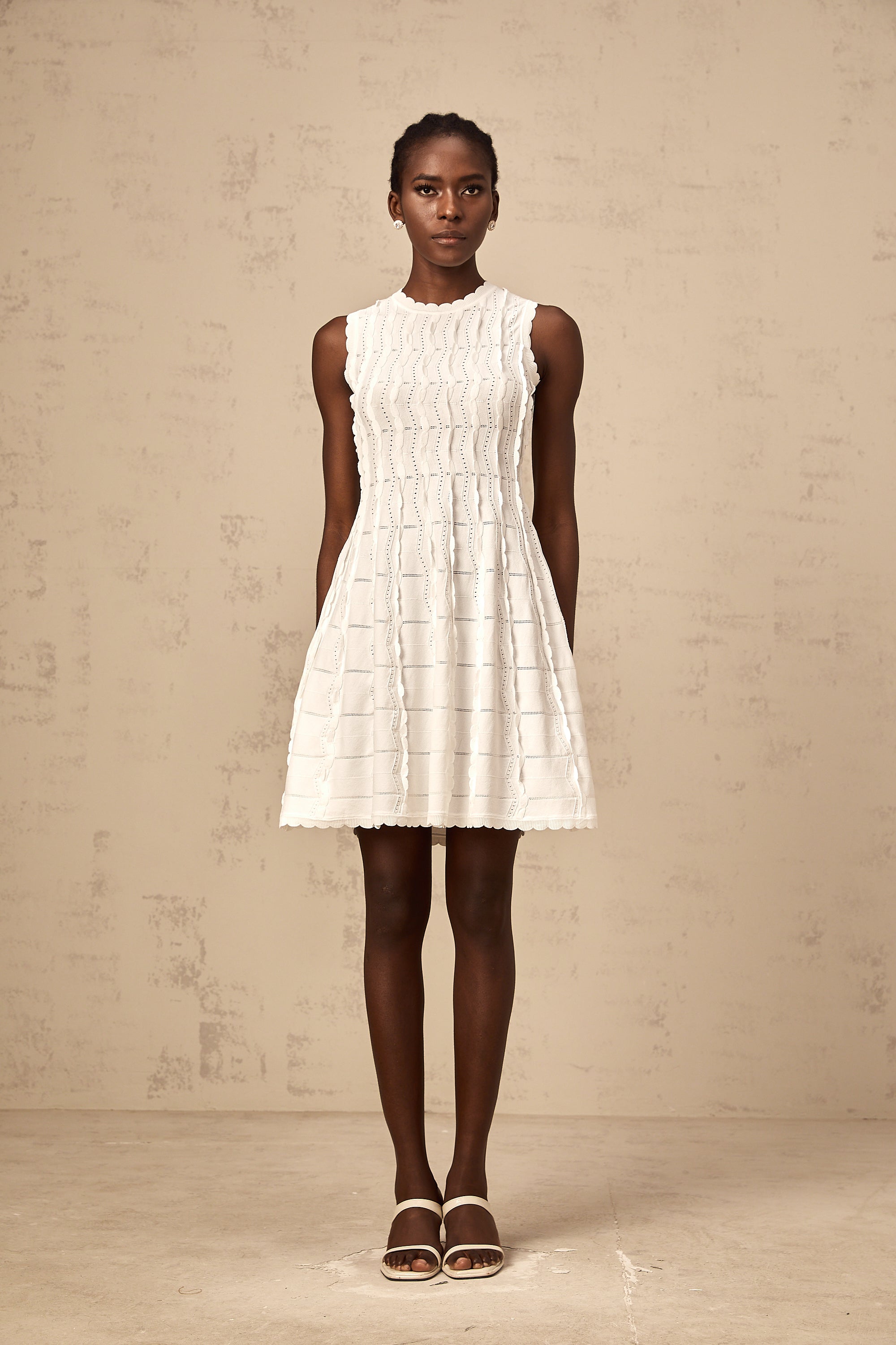 Esmée white ruffled sleeveless knit mini dress (Final Sale)