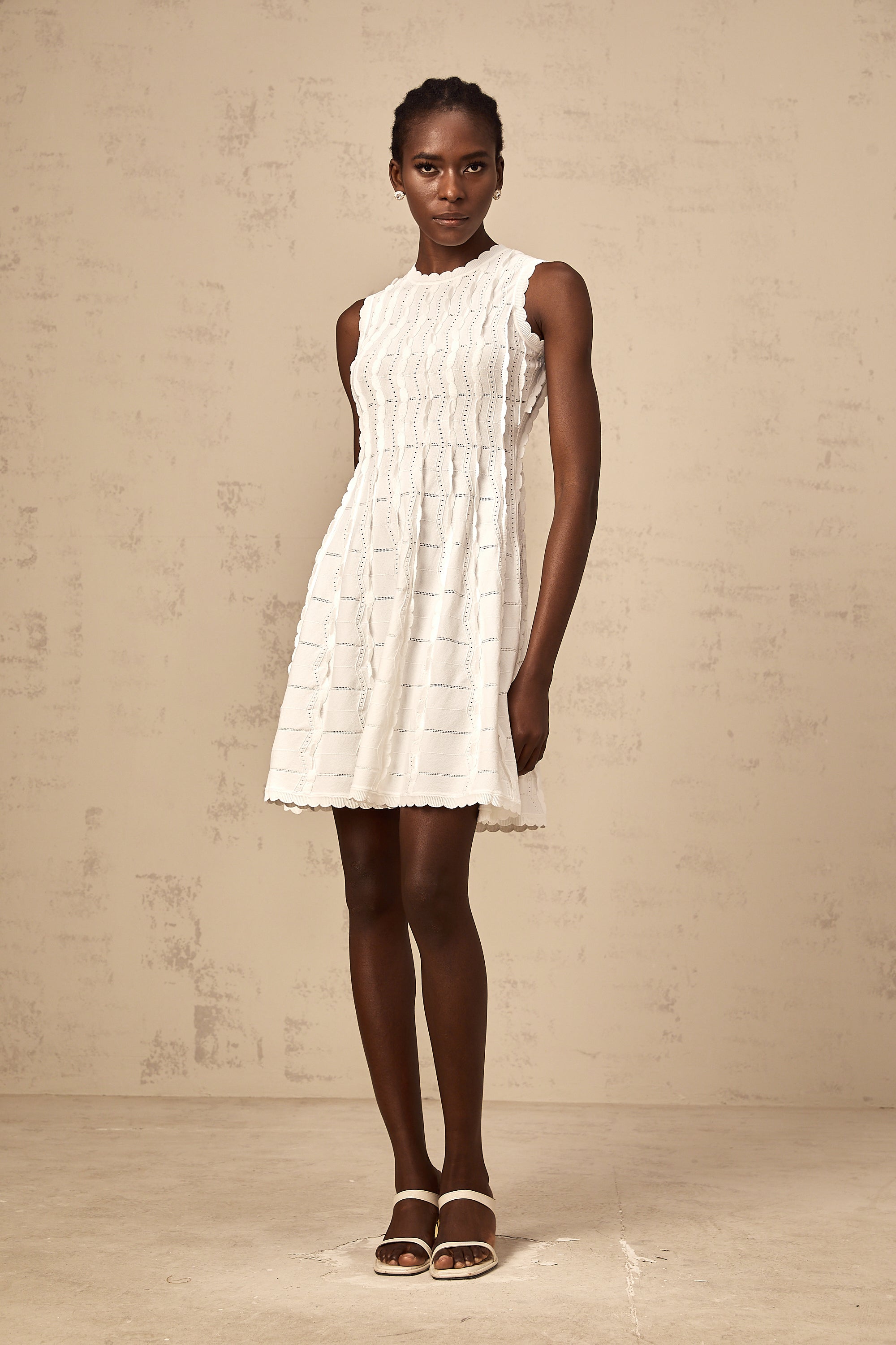 Esmée white ruffled sleeveless knit mini dress (Final Sale)