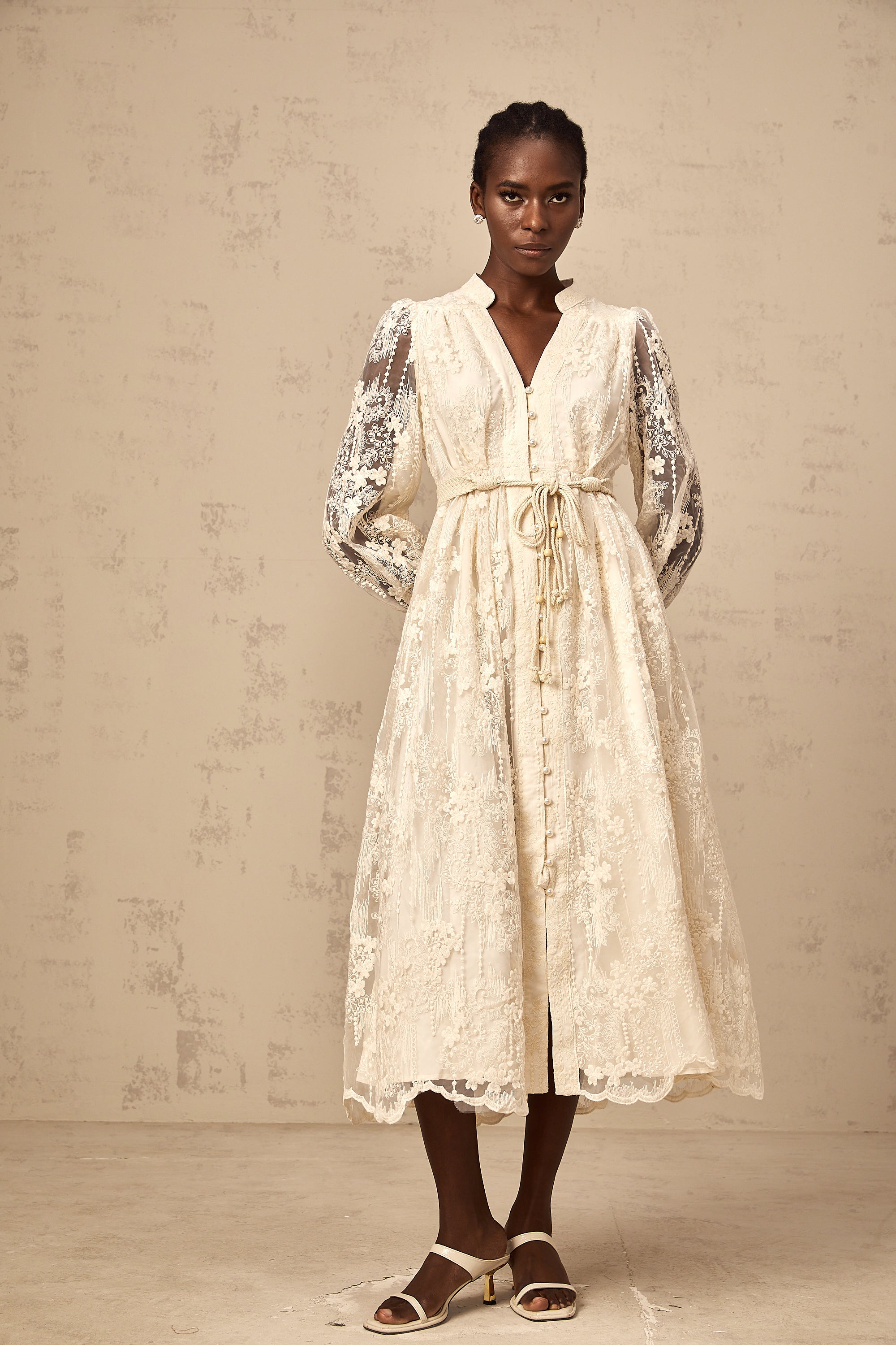 Roxane neutrals lace-embroidered midi dress (Final Sale-US Only)