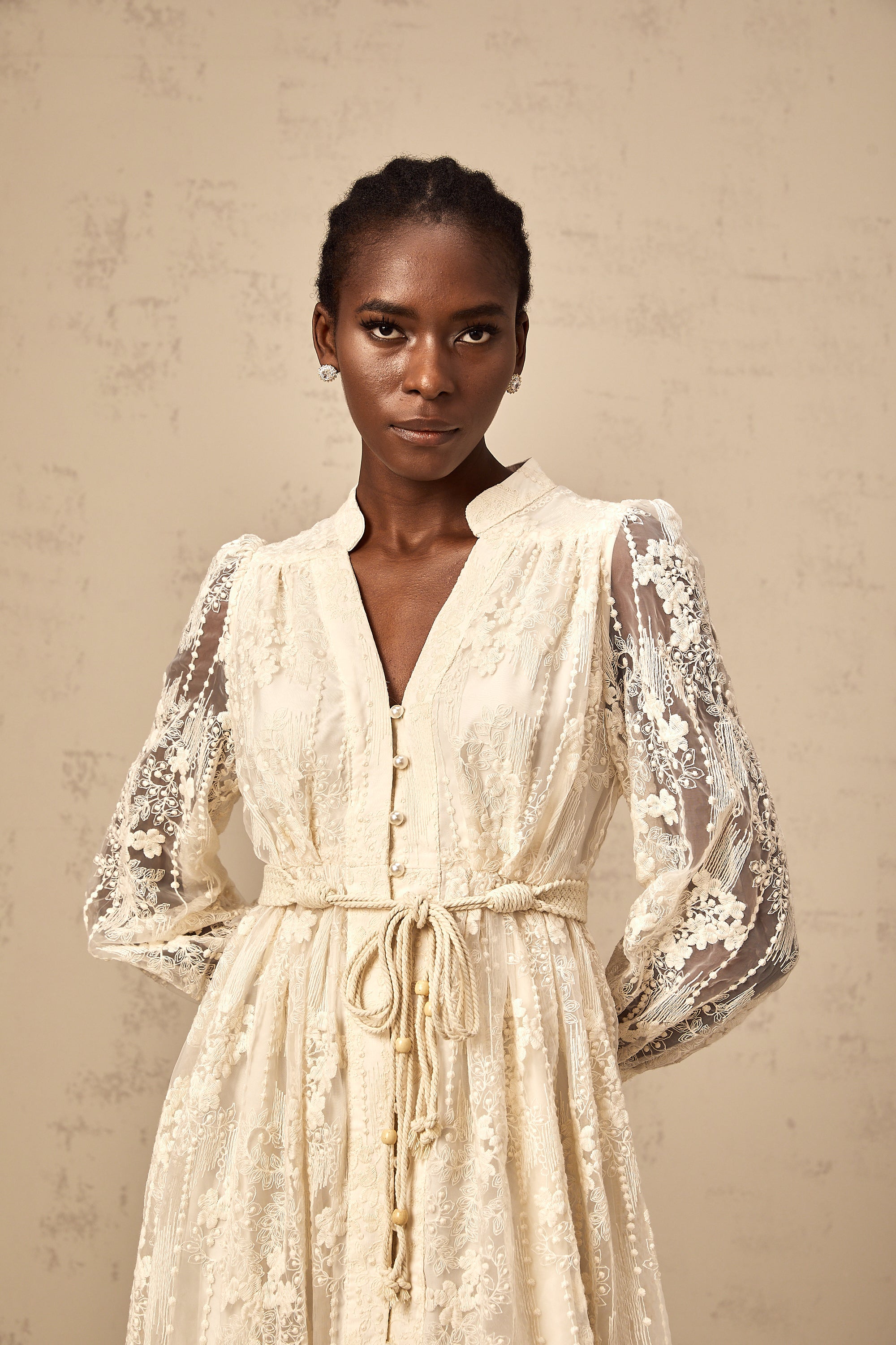 Roxane neutrals lace-embroidered midi dress (Final Sale-US Only)