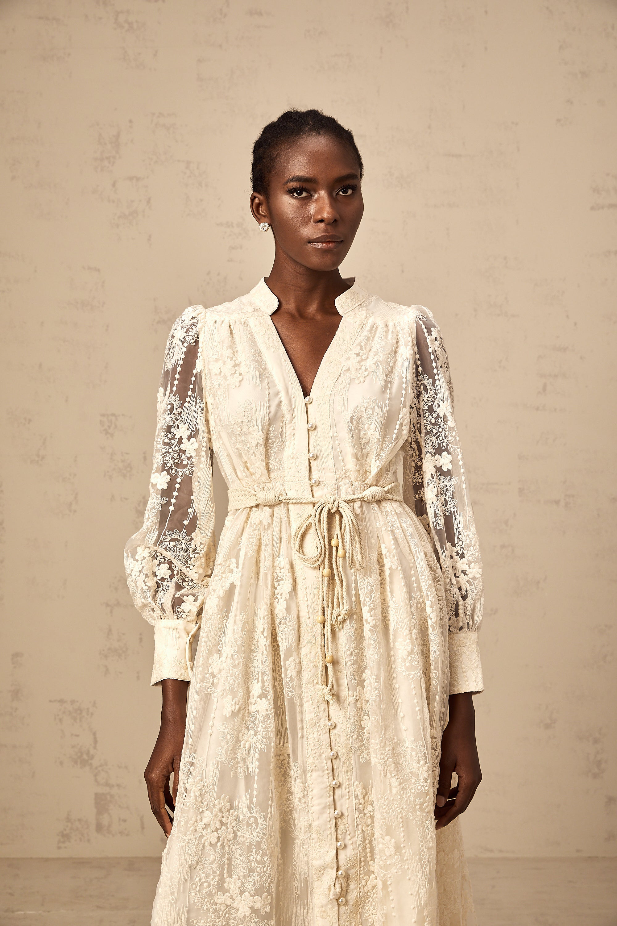 Roxane neutrals lace-embroidered midi dress (Final Sale-US Only)