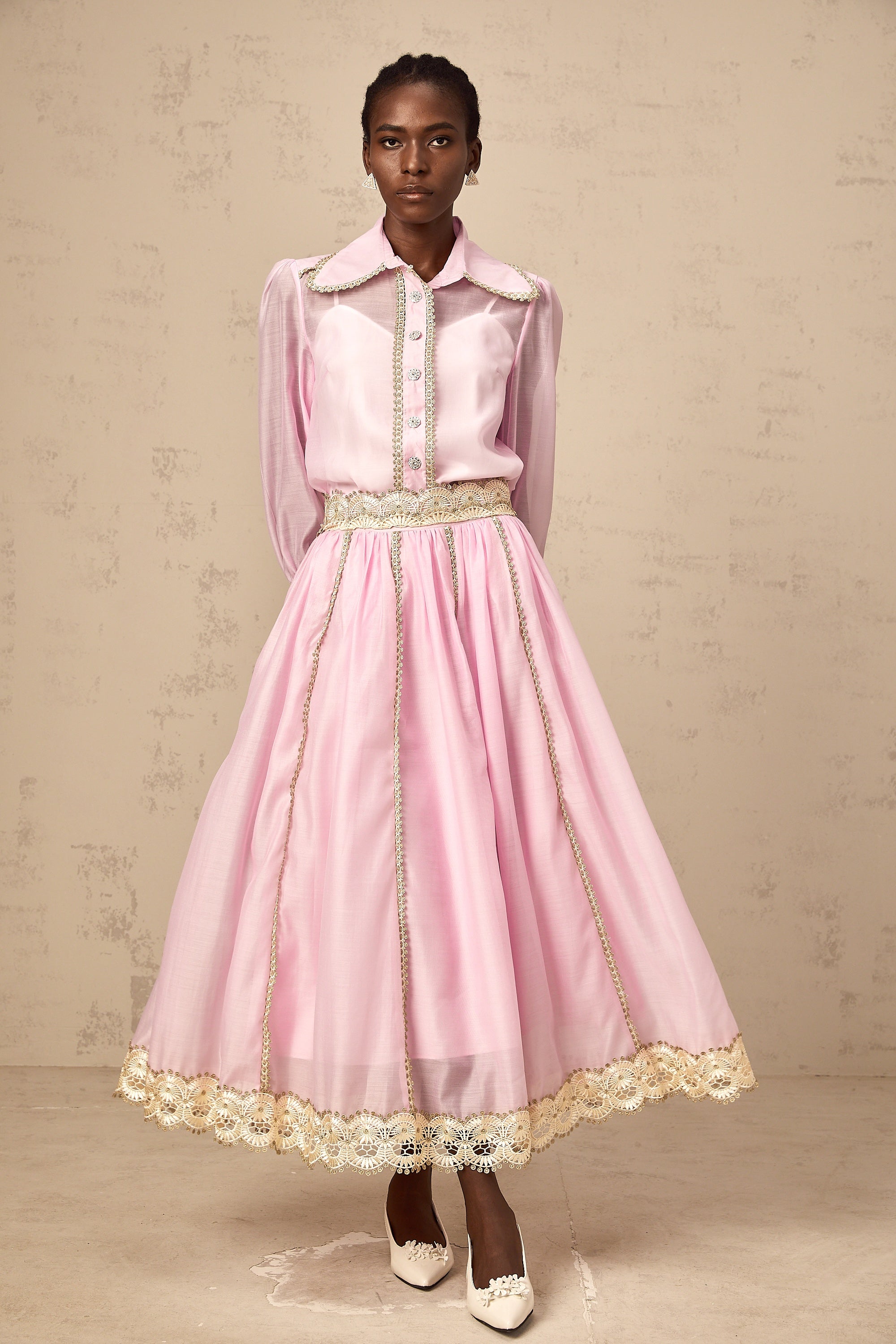 Frida pink lace-trim shirt & skirt matching set (Final Sale-US Only)