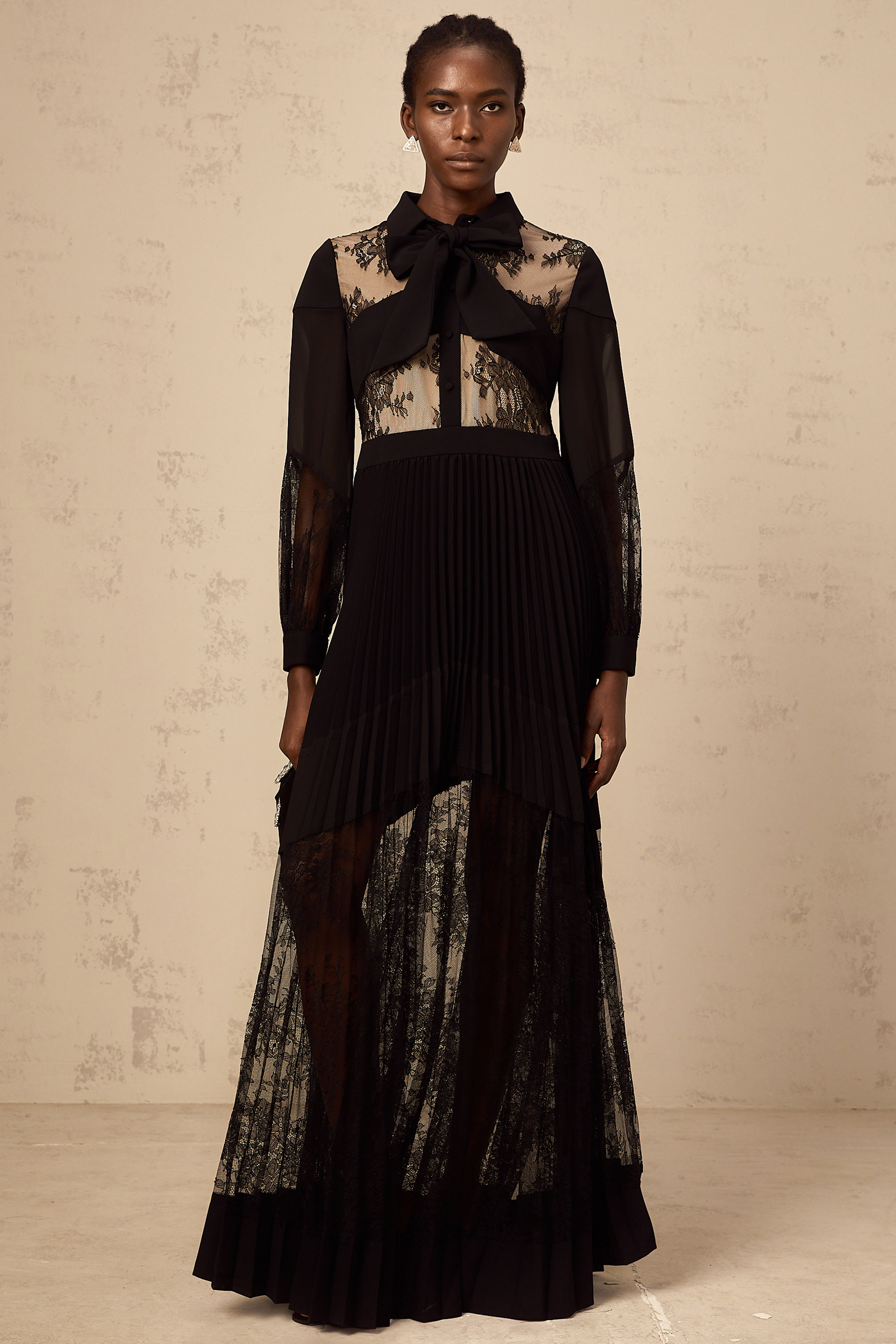 Ségolène black floral-lace-panel pleated maxi dress (Final Sale)