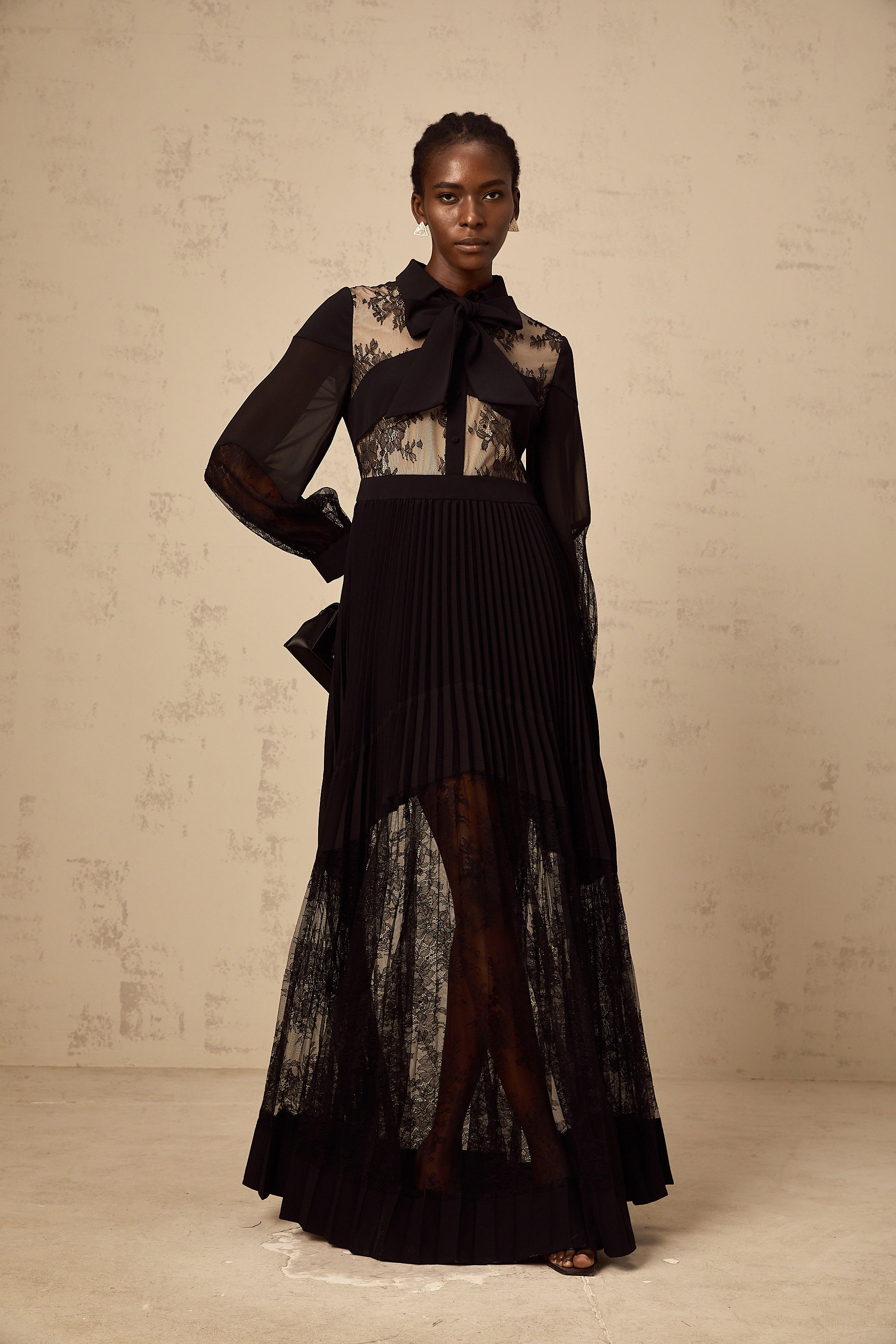Ségolène black floral-lace-panel pleated maxi dress (Final Sale)