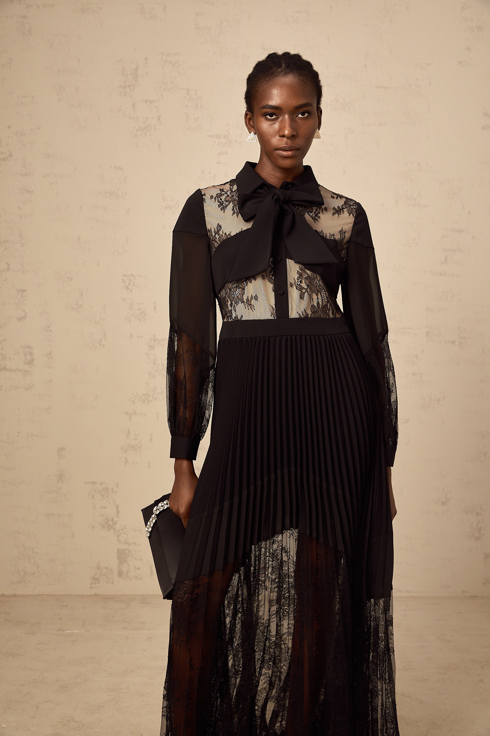 Ségolène black floral-lace-panel pleated maxi dress (Final Sale)