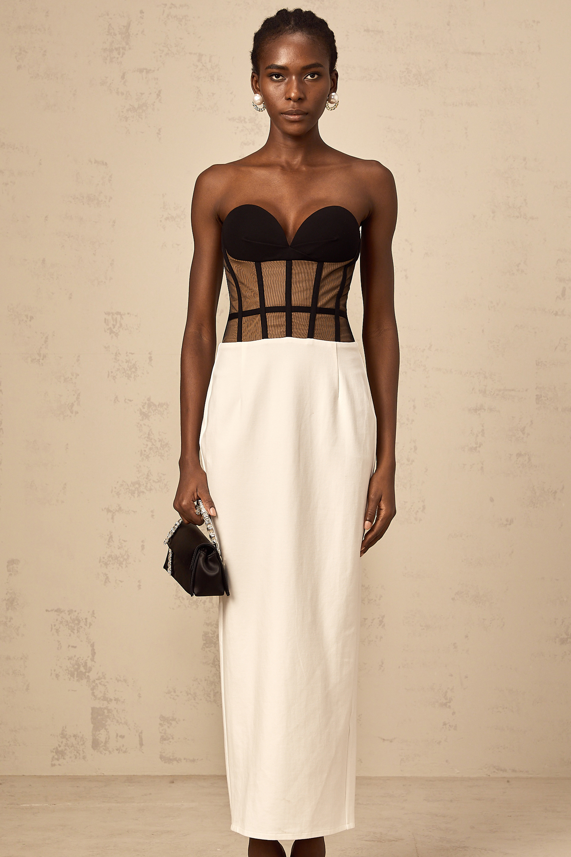 Robe longue transparente à effet corset Enora, avec contraste de couleurs