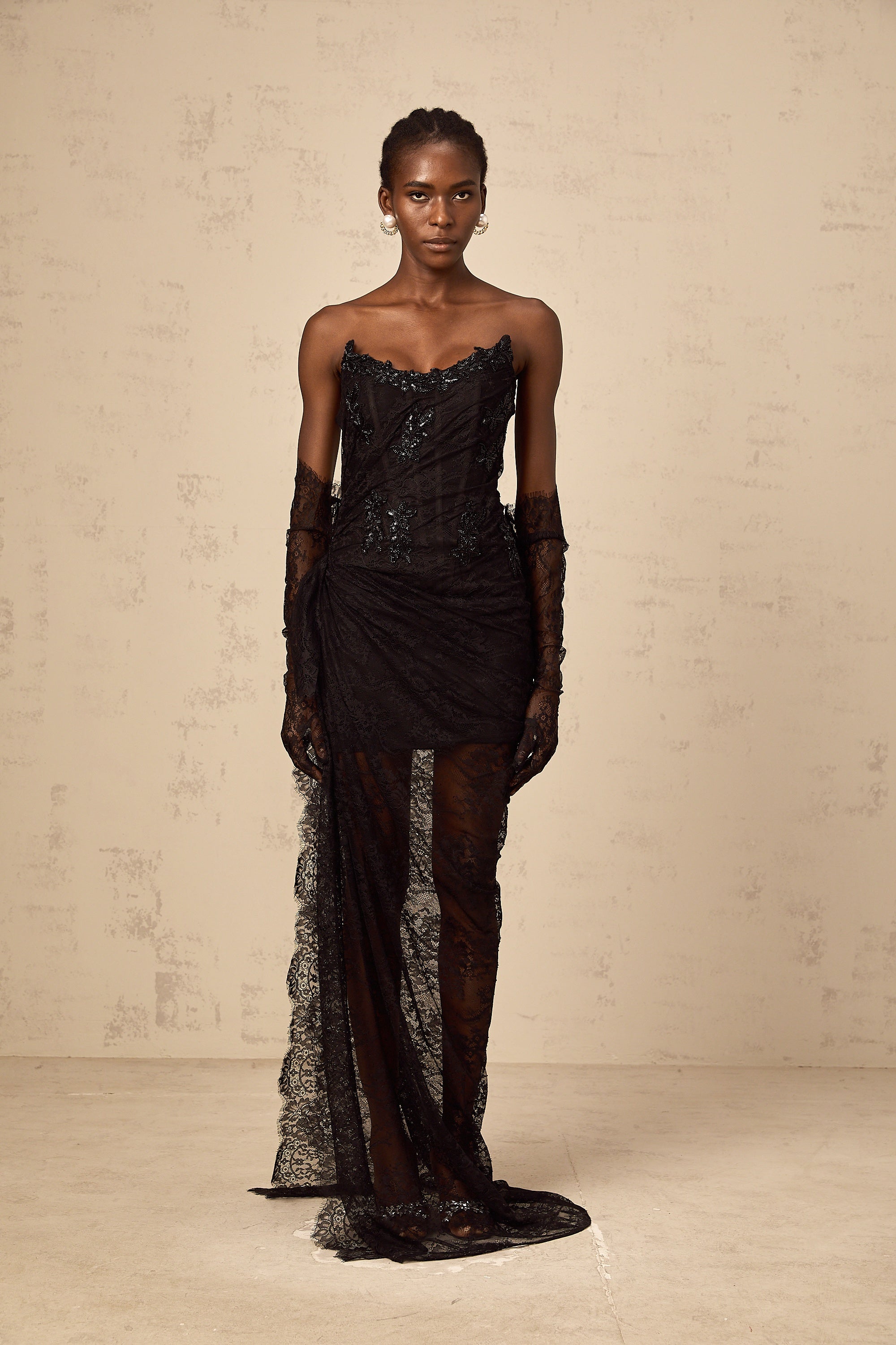 Sylvie black beaded asymmetrical lace maxi dress (Final Sale-US Only)