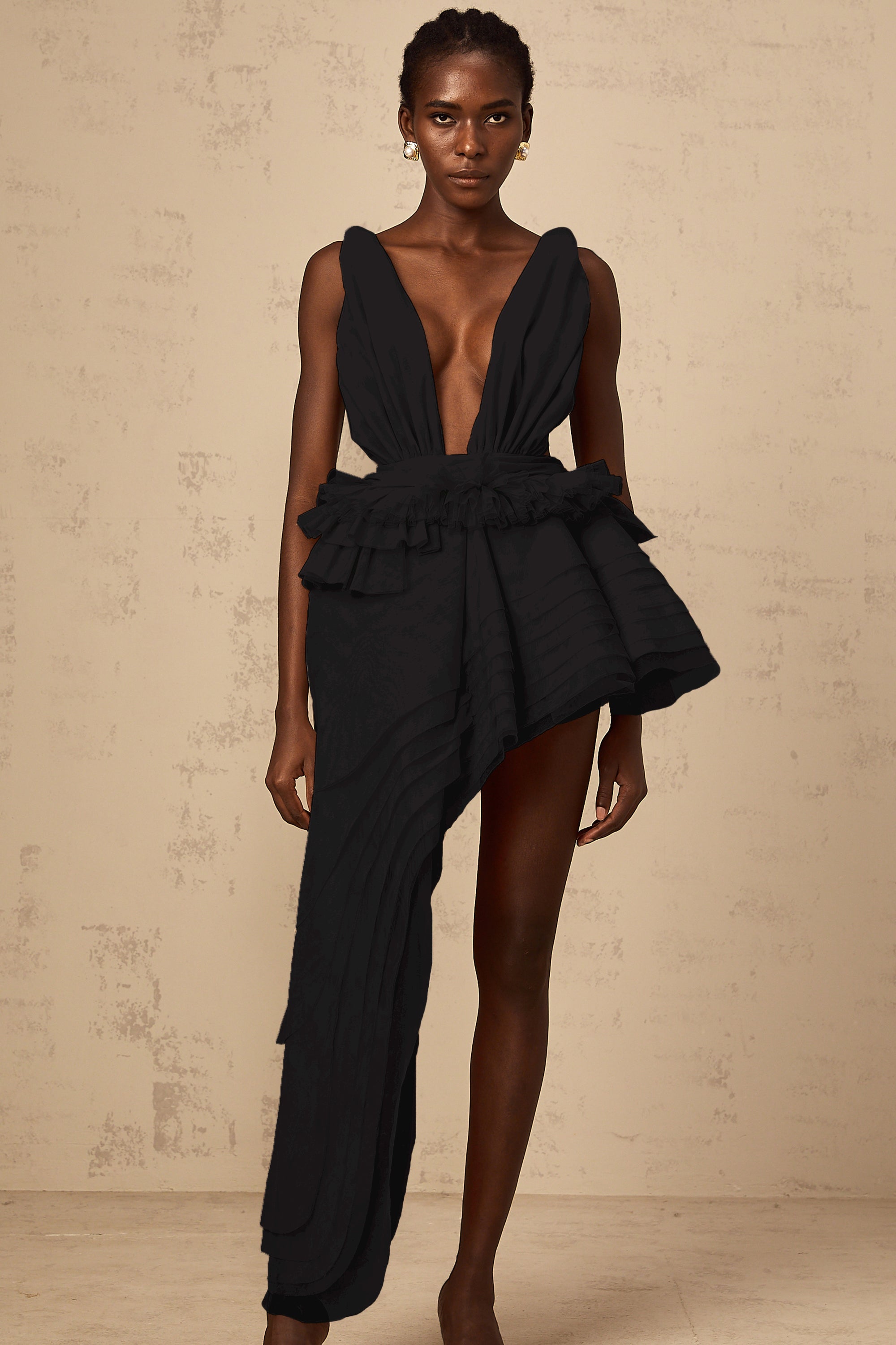 Isoline ribbon-design asymmetrical mini dress in Black (Final Sale)