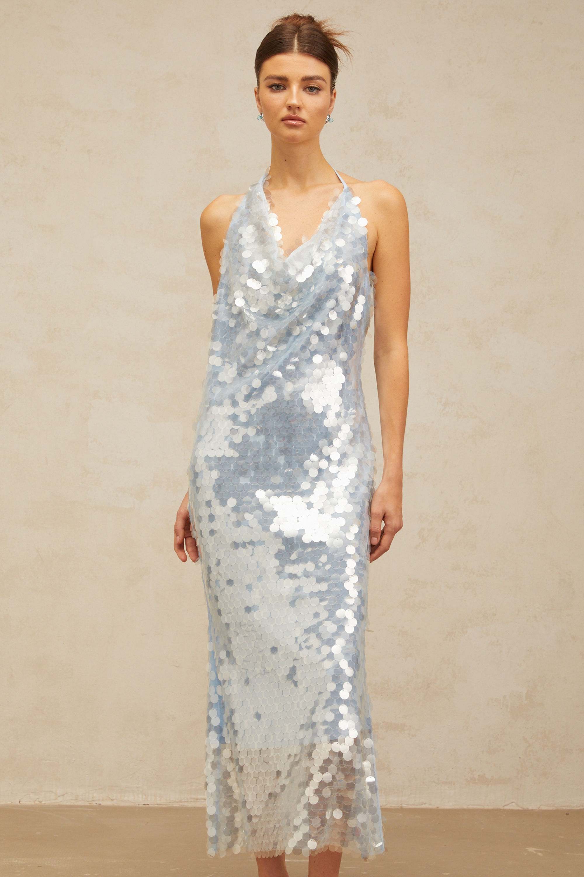 Babette blue halterneck sequined midi dress (Final Sale-US Only)