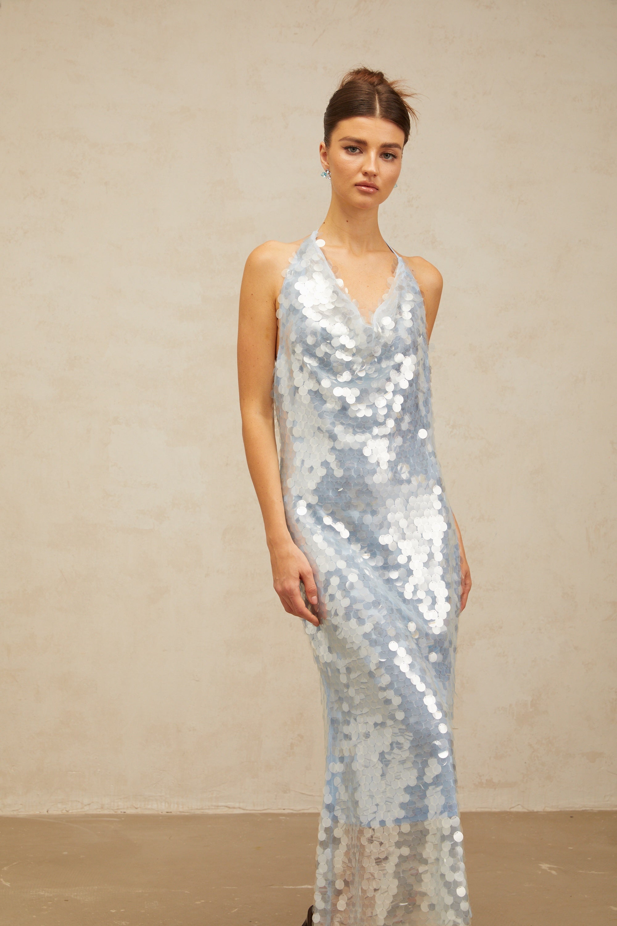 Babette blue halterneck sequined midi dress (Final Sale-US Only)