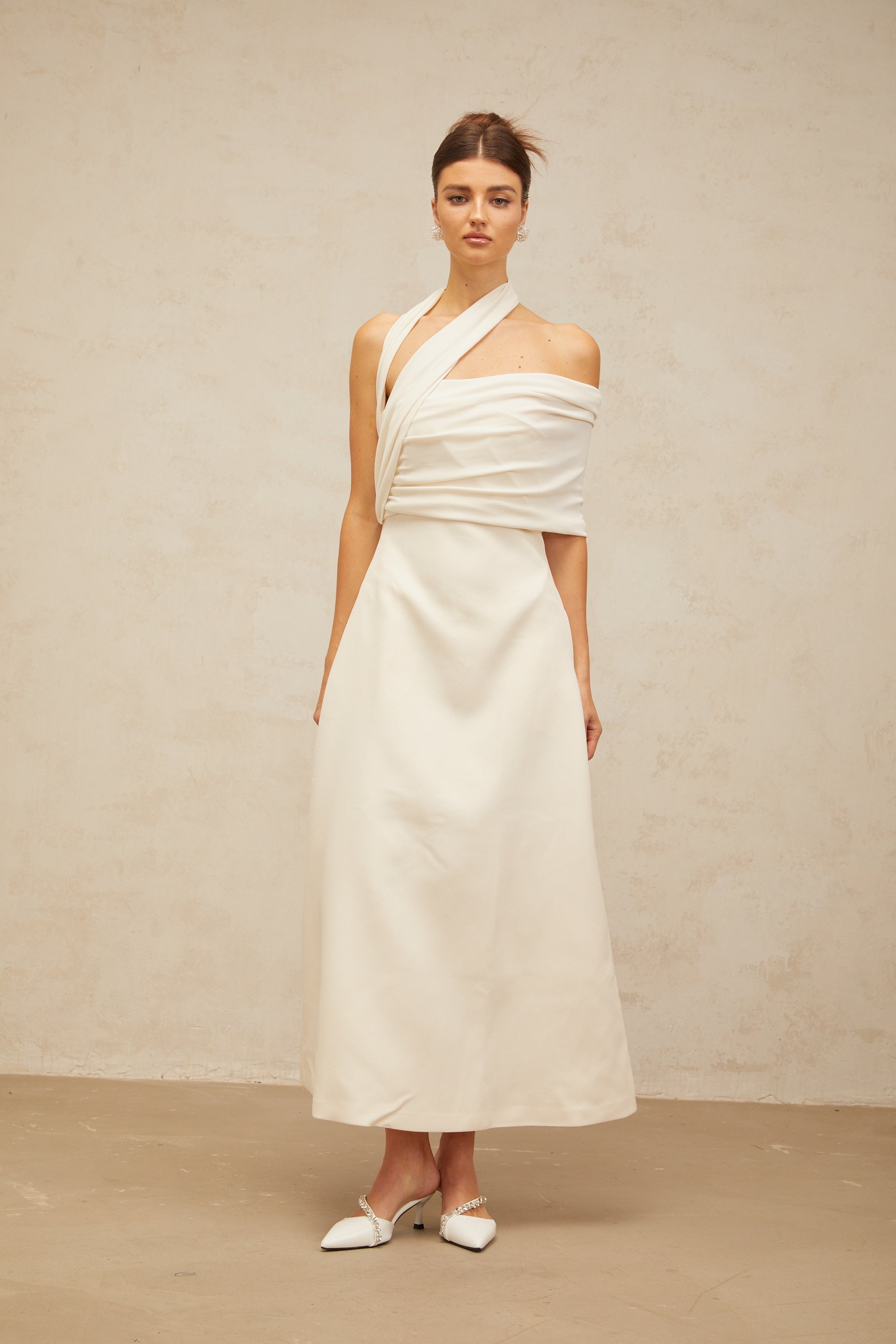 Robe midi asymétrique Solène blanc crème (Vente définitive)