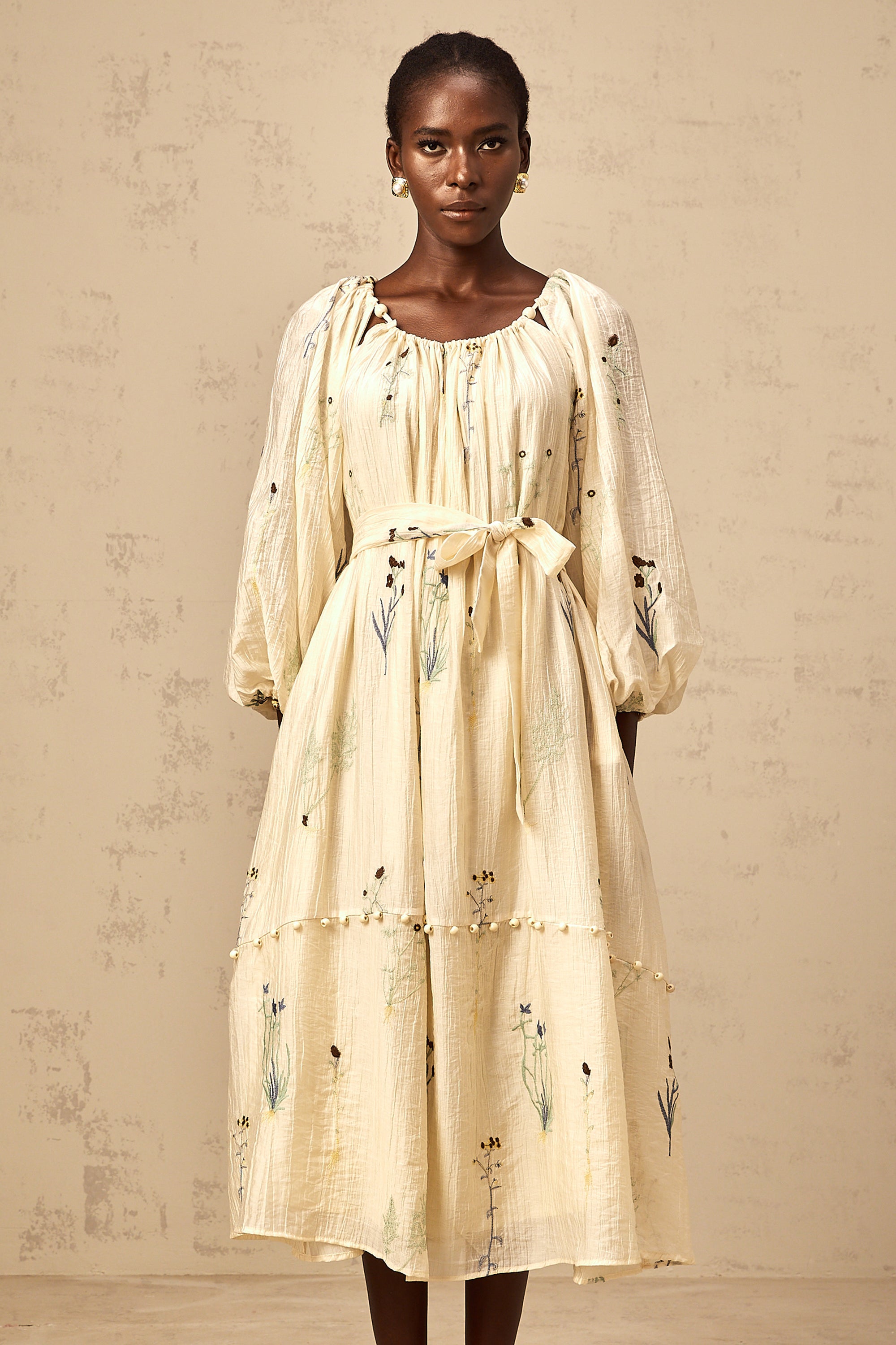 Uranie beige flower-embroidered beaded midi dress (Final Sale-US Only)