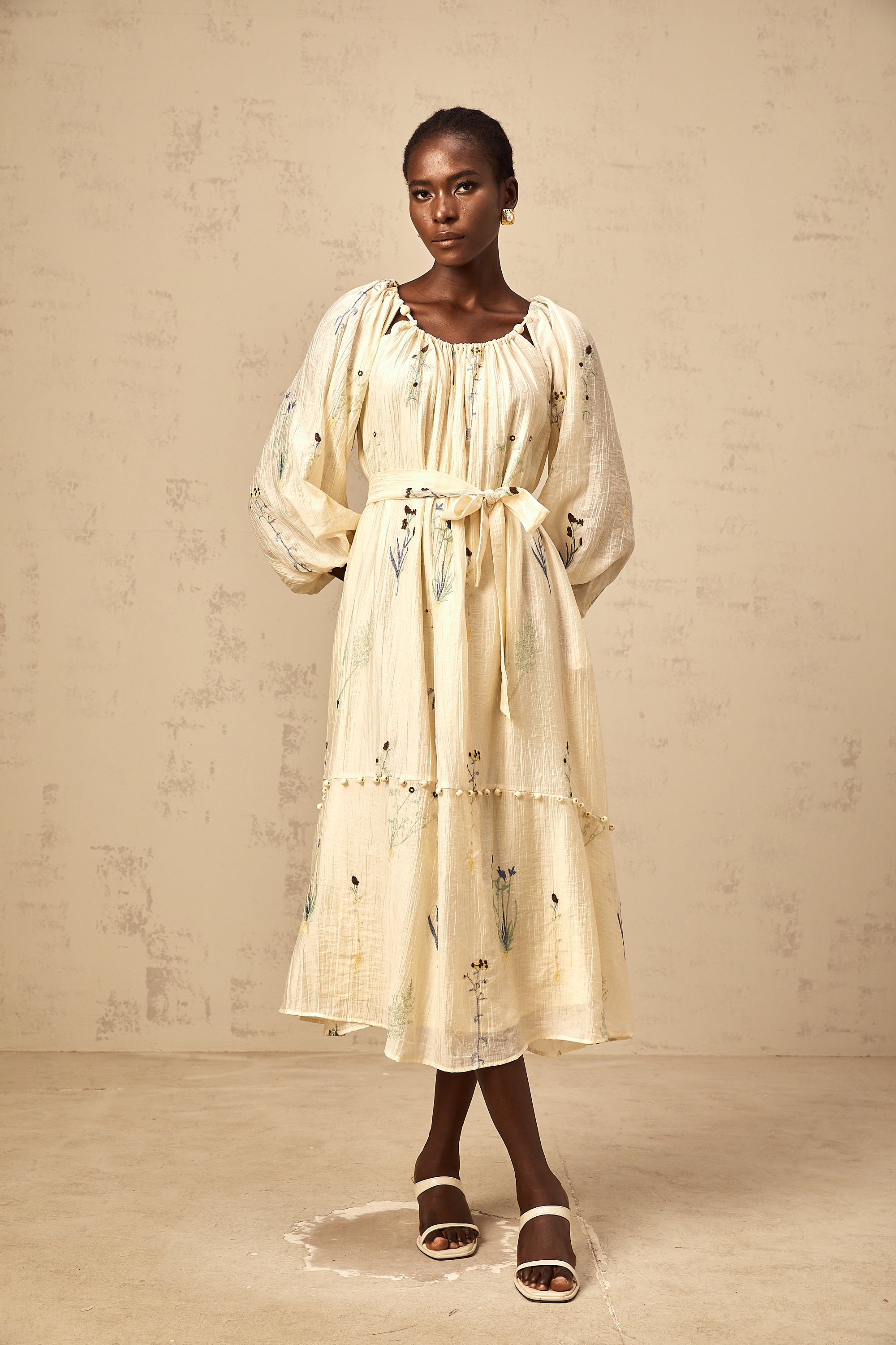Uranie beige flower-embroidered beaded midi dress (Final Sale-US Only)
