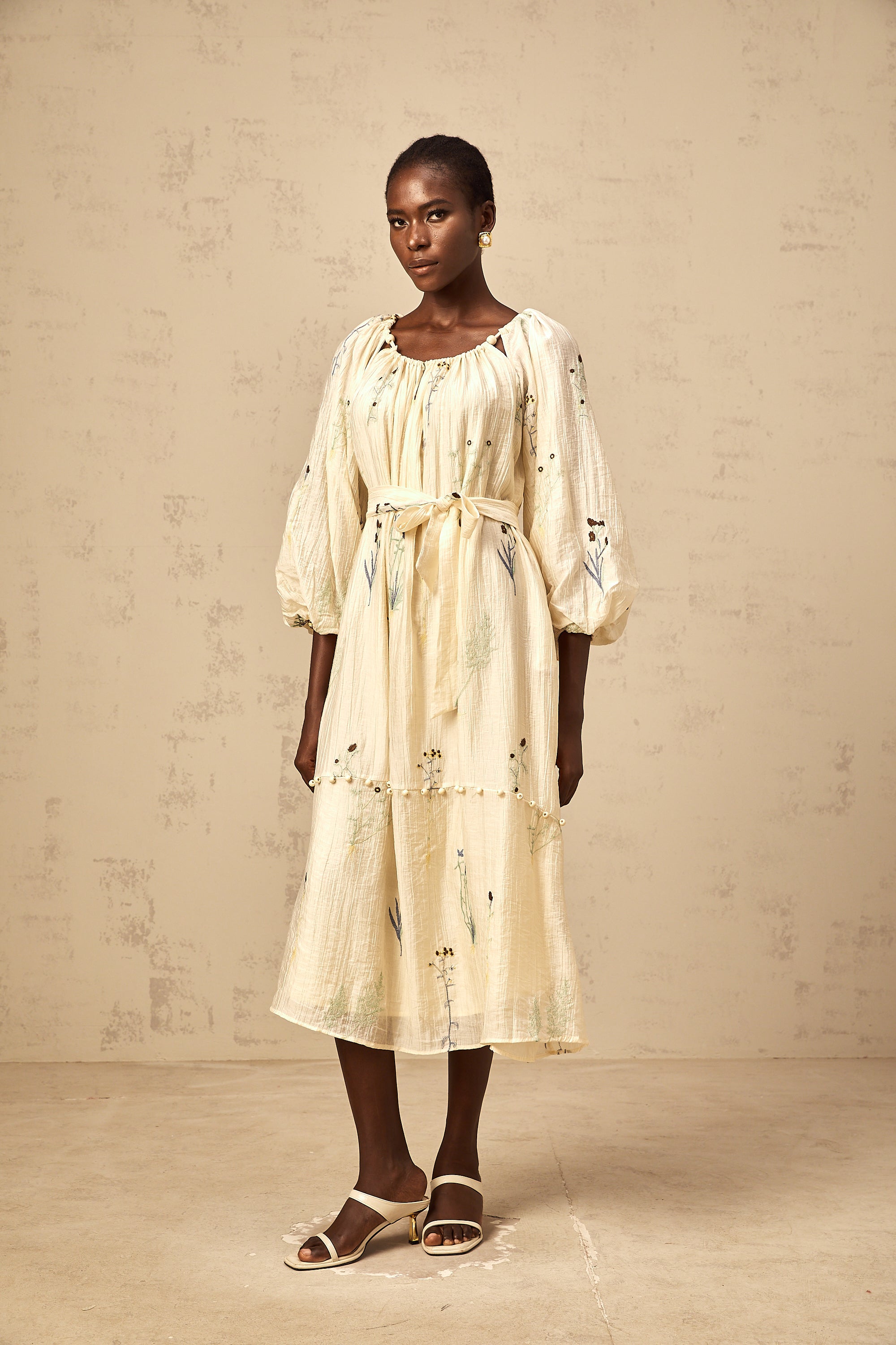 Uranie beige flower-embroidered beaded midi dress (Final Sale-US Only)