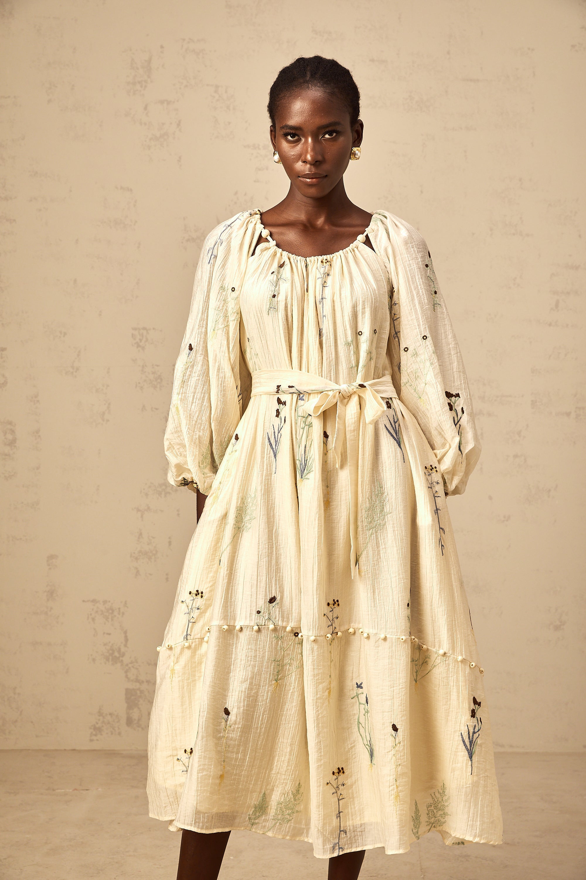 Uranie beige flower-embroidered beaded midi dress (Final Sale-US Only)