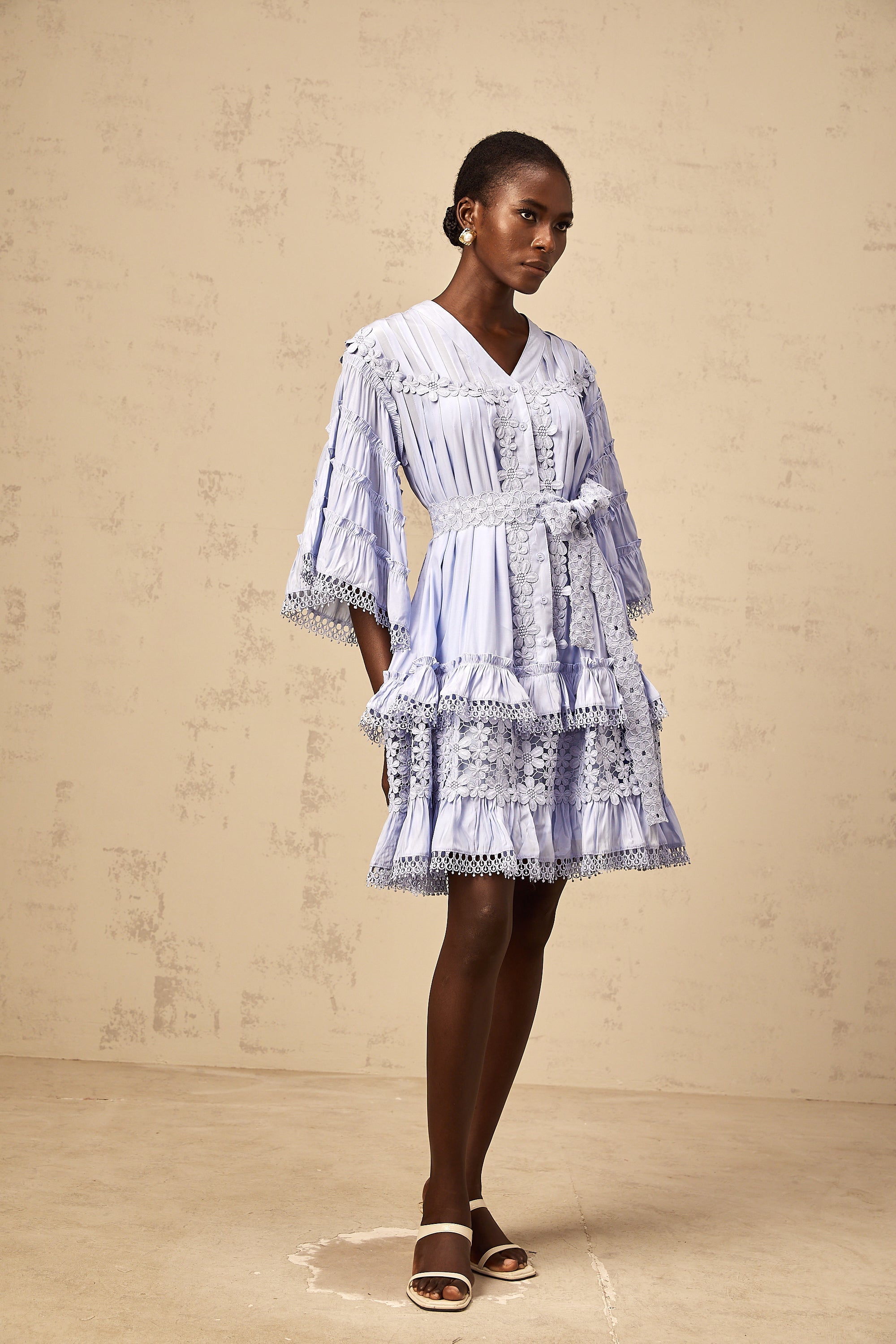 Gaëlle light-blue floral-embroidered tiered mini dress (Final Sale-US Only)
