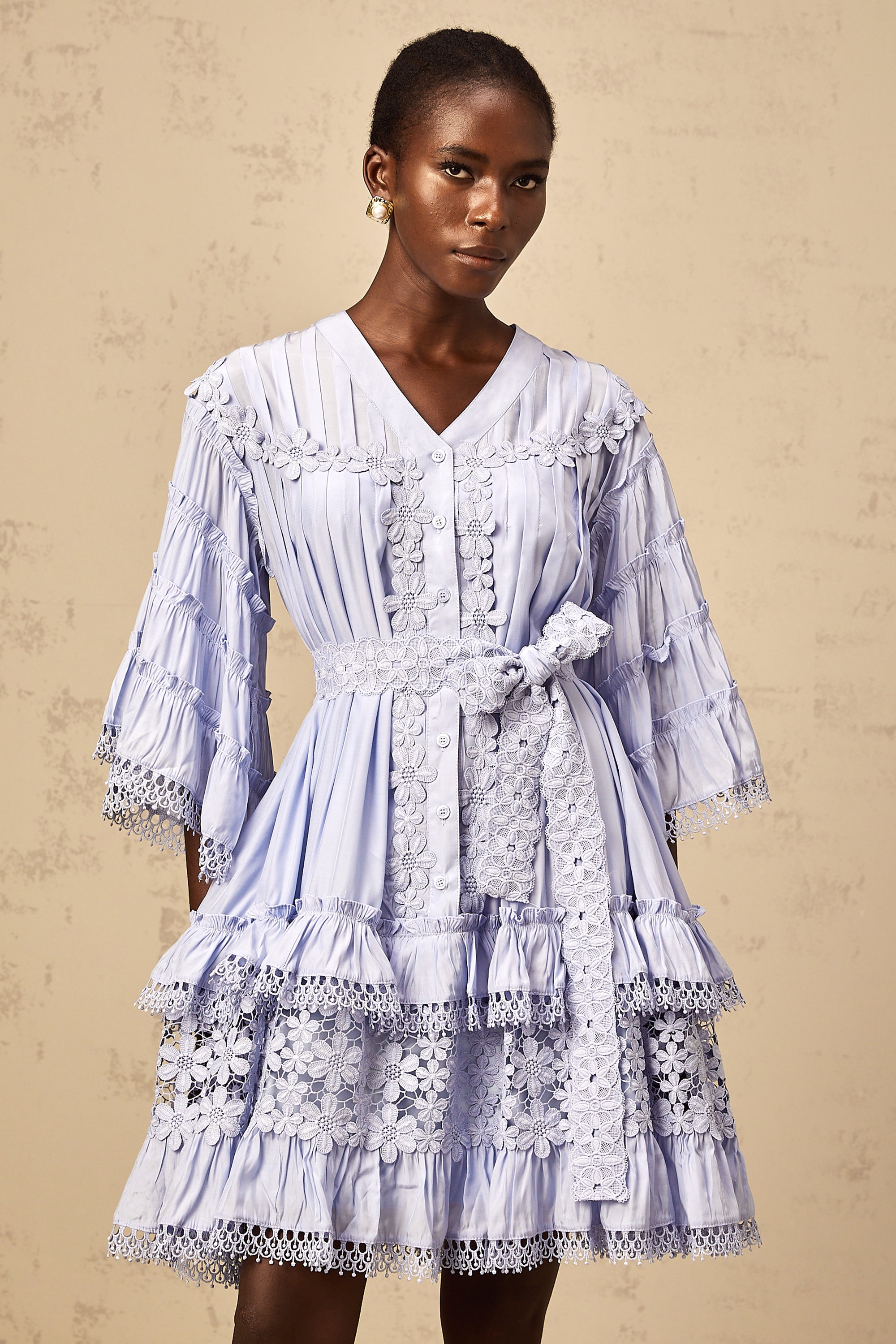 Gaëlle light-blue floral-embroidered tiered mini dress (Final Sale-US Only)