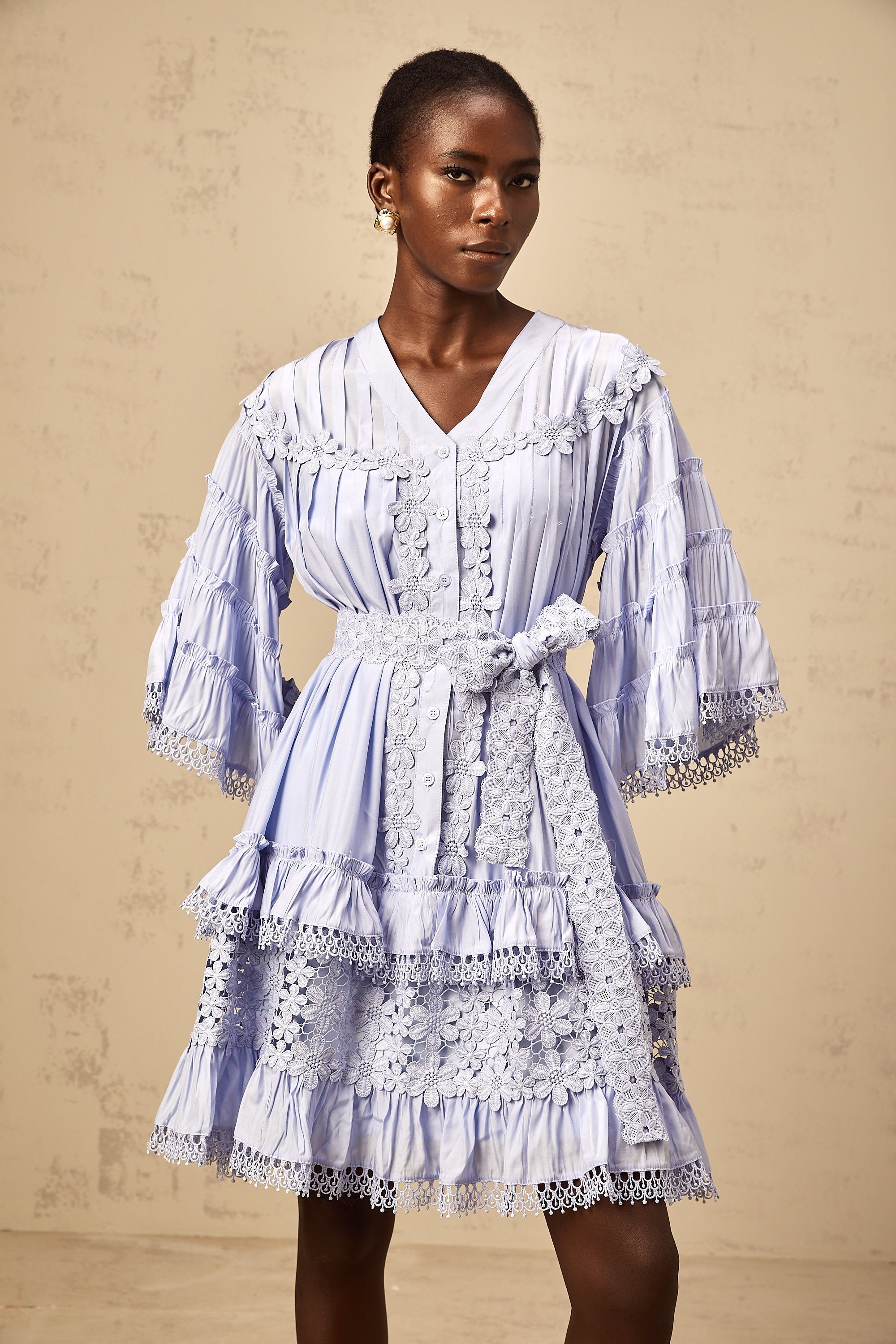 Gaëlle light-blue floral-embroidered tiered mini dress (Final Sale-US Only)