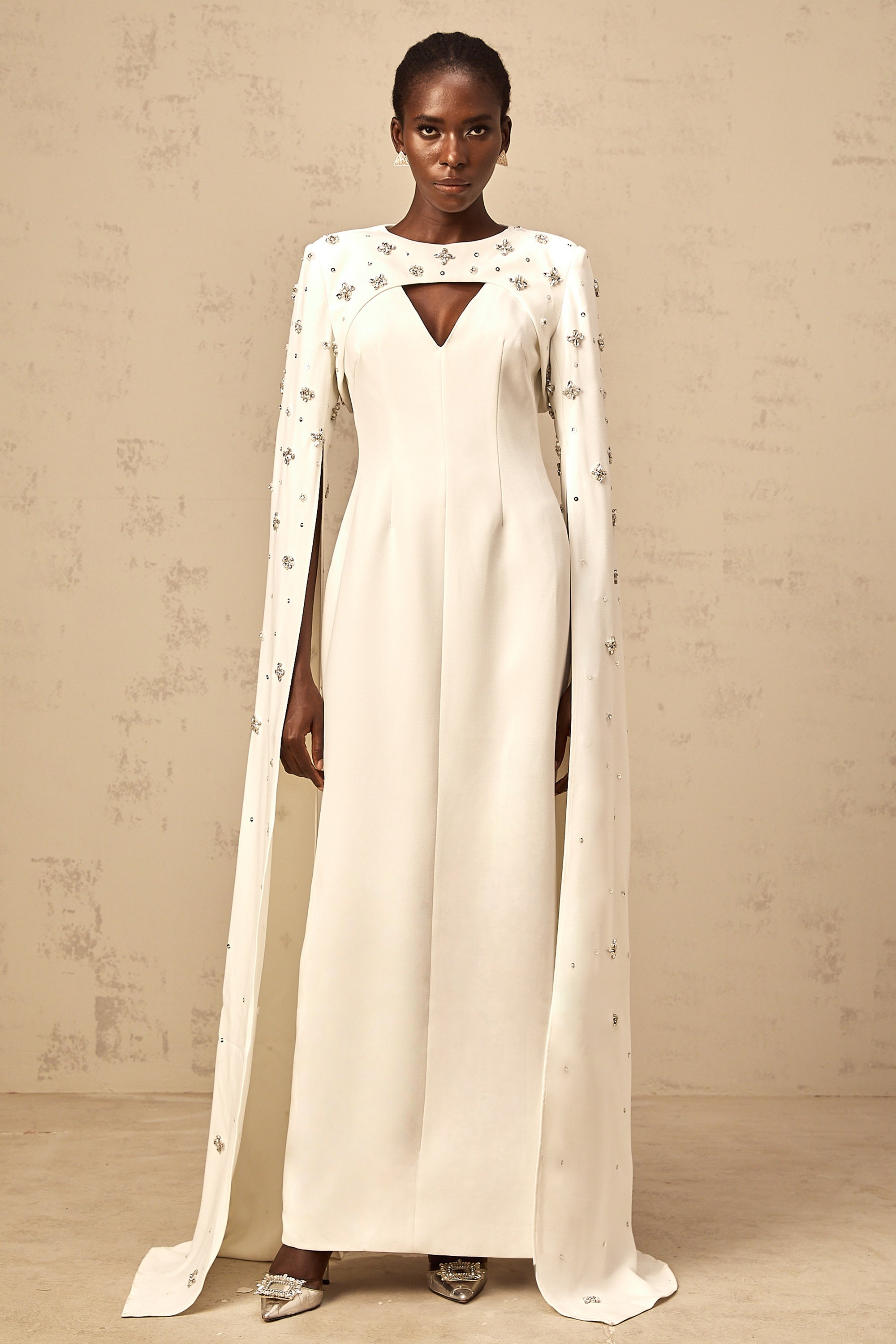 Fanny White Extra-long-sleeve Embellished Gown (Final Sale-US Only)