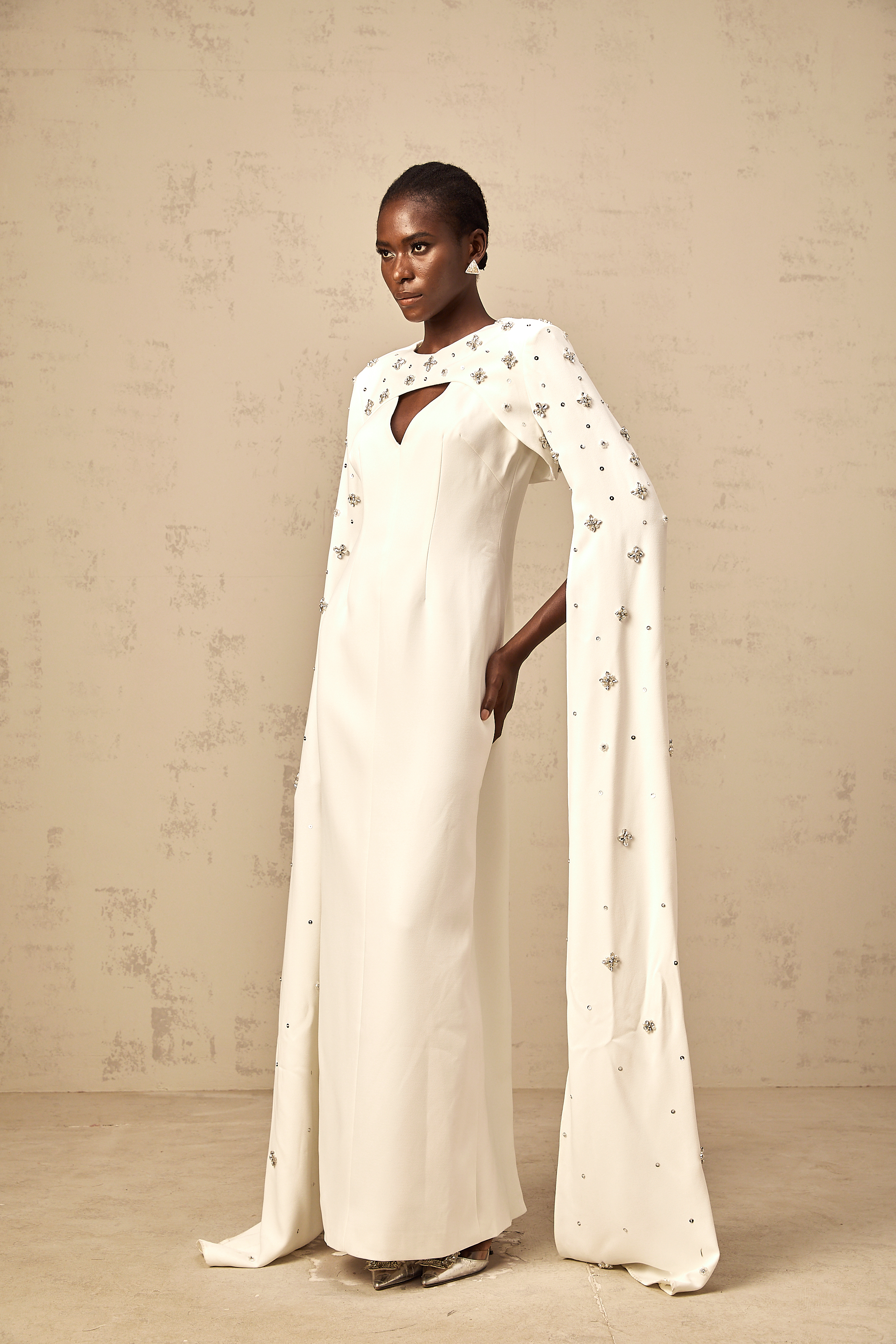Fanny White Extra-long-sleeve Embellished Gown (Final Sale-US Only)