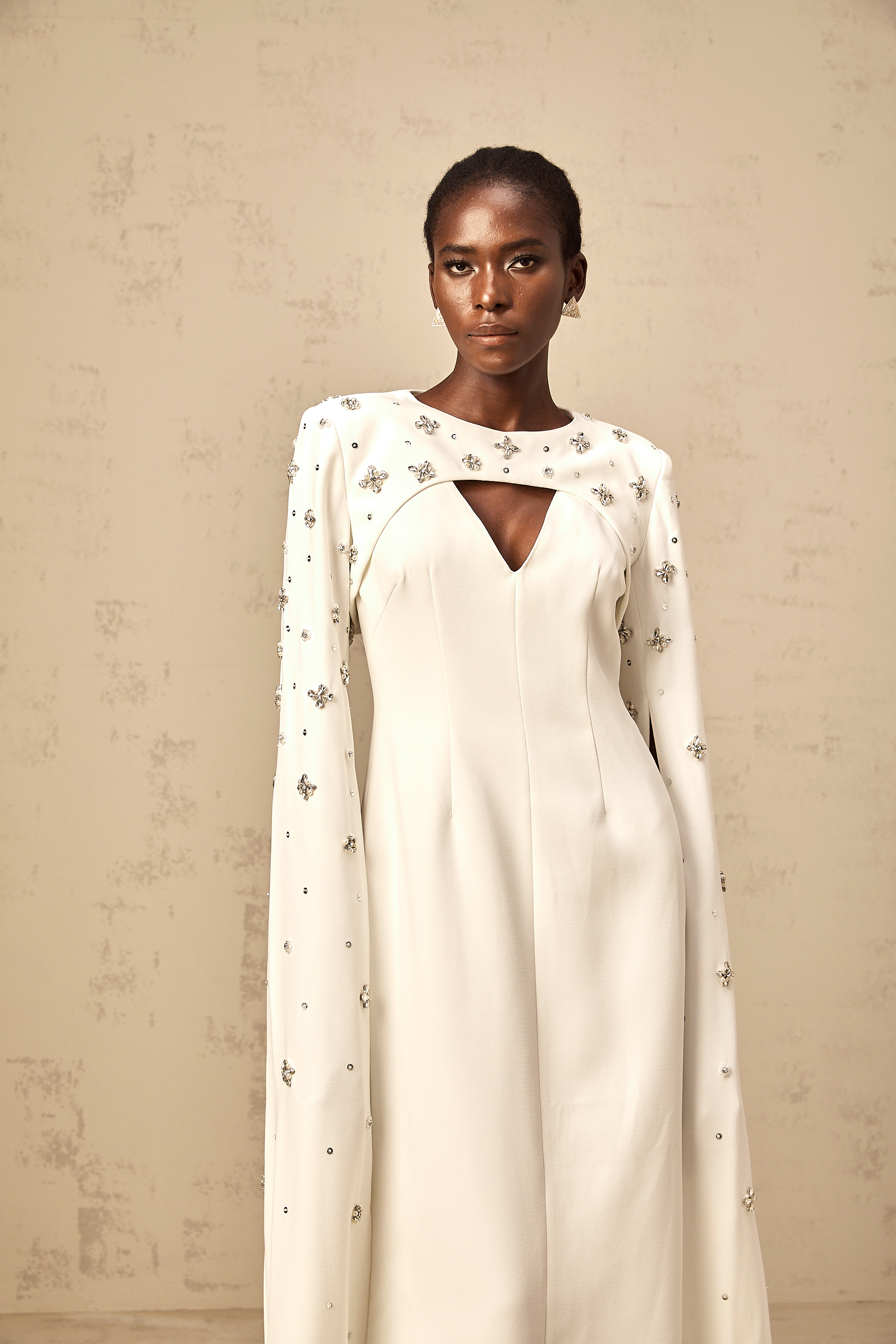 Fanny White Extra-long-sleeve Embellished Gown (Final Sale-US Only)