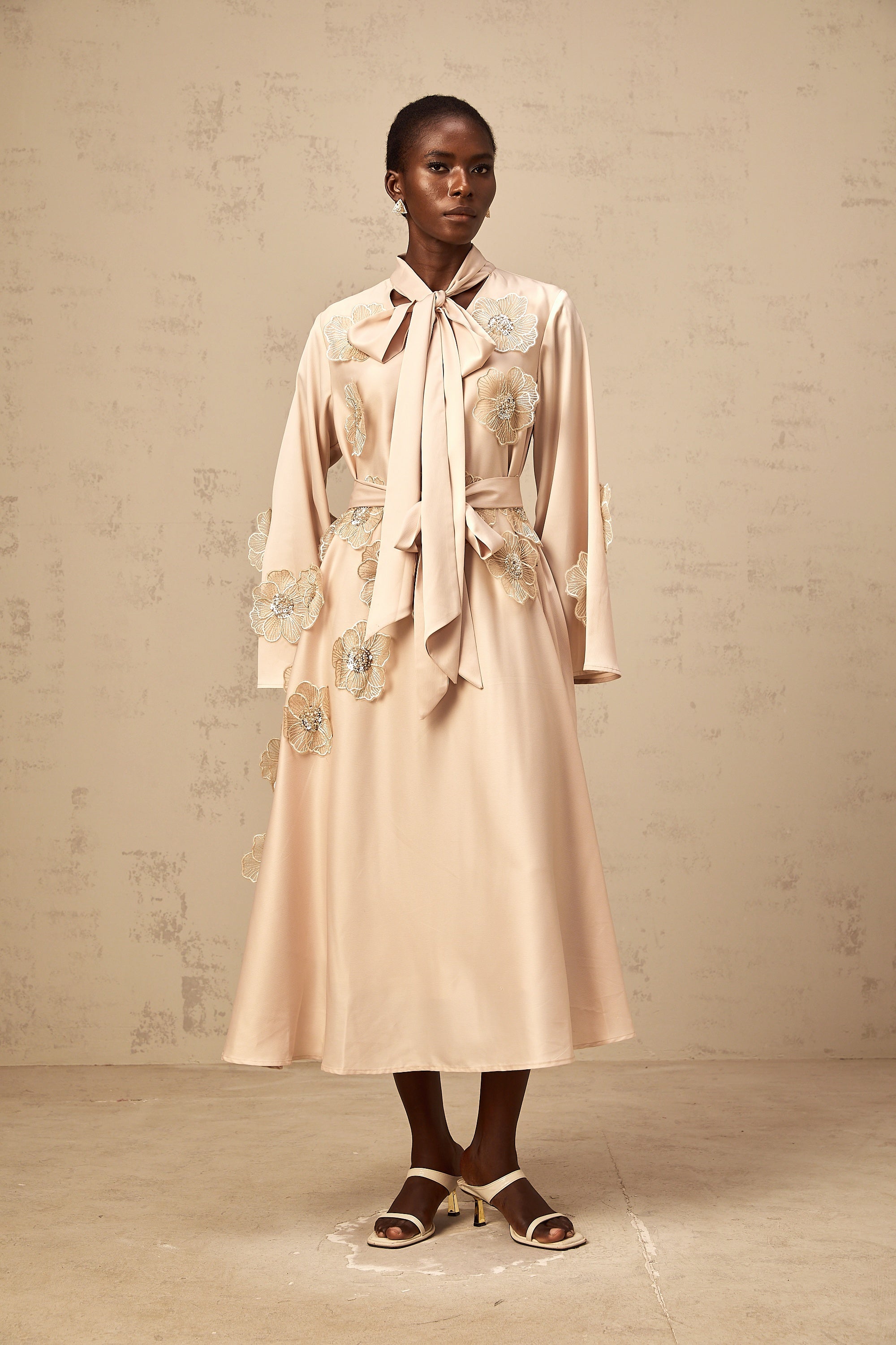 Orane tied floral-applique flared midi dress in Neutrals (Final Sale-US Only)