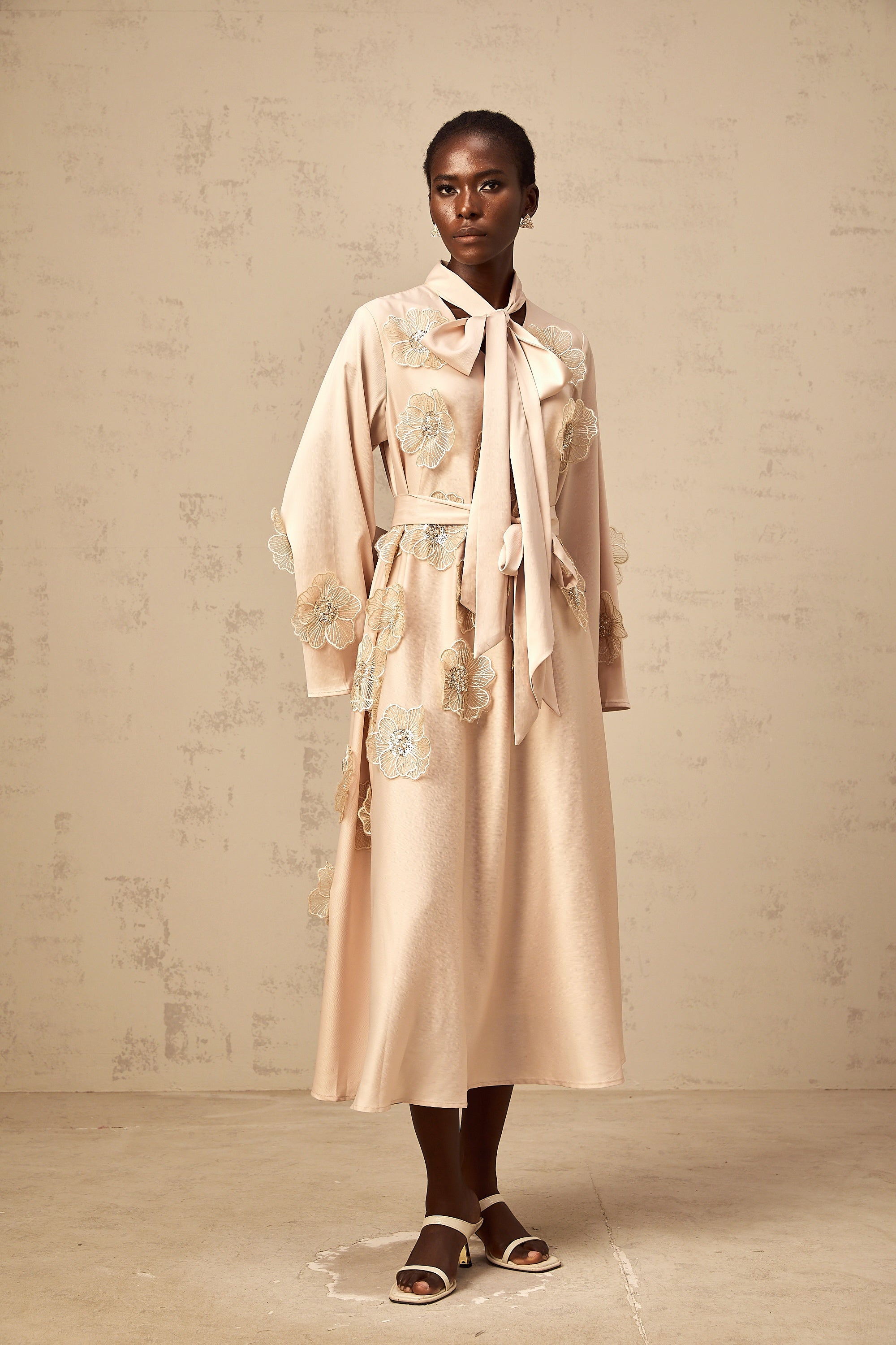 Orane tied floral-applique flared midi dress in Neutrals (Final Sale-US Only)