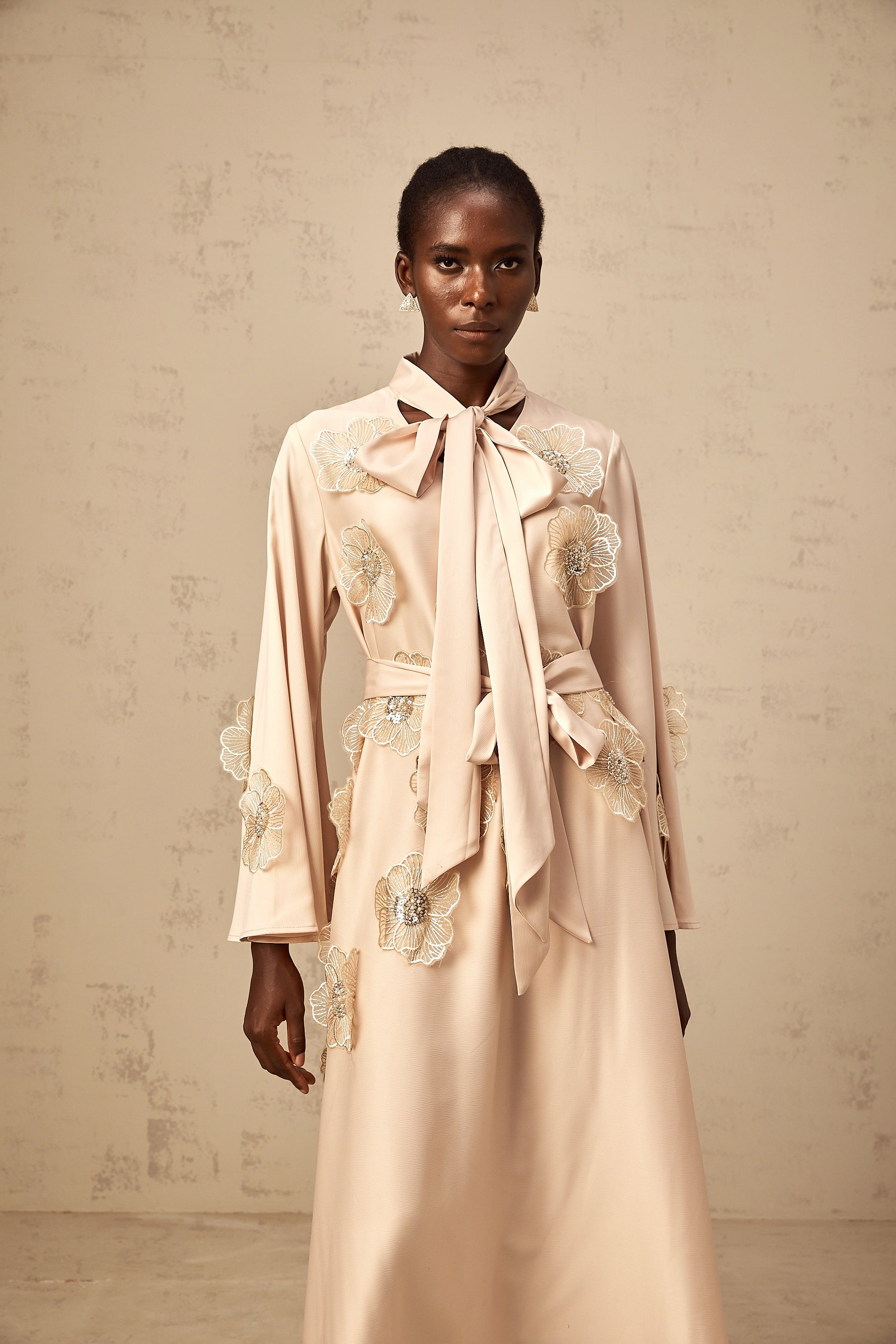 Orane tied floral-applique flared midi dress in Neutrals (Final Sale-US Only)