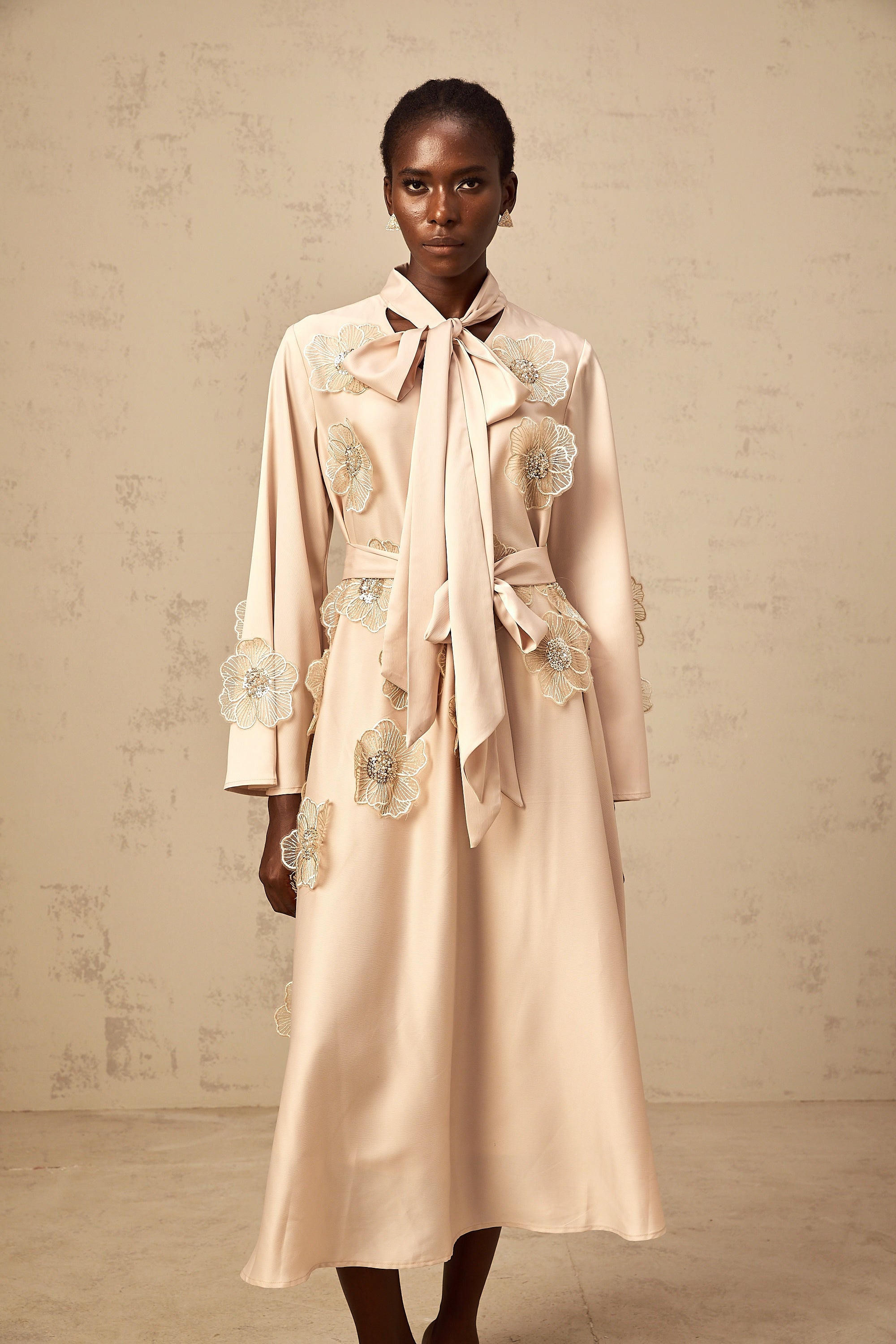 Orane tied floral-applique flared midi dress in Neutrals (Final Sale-US Only)