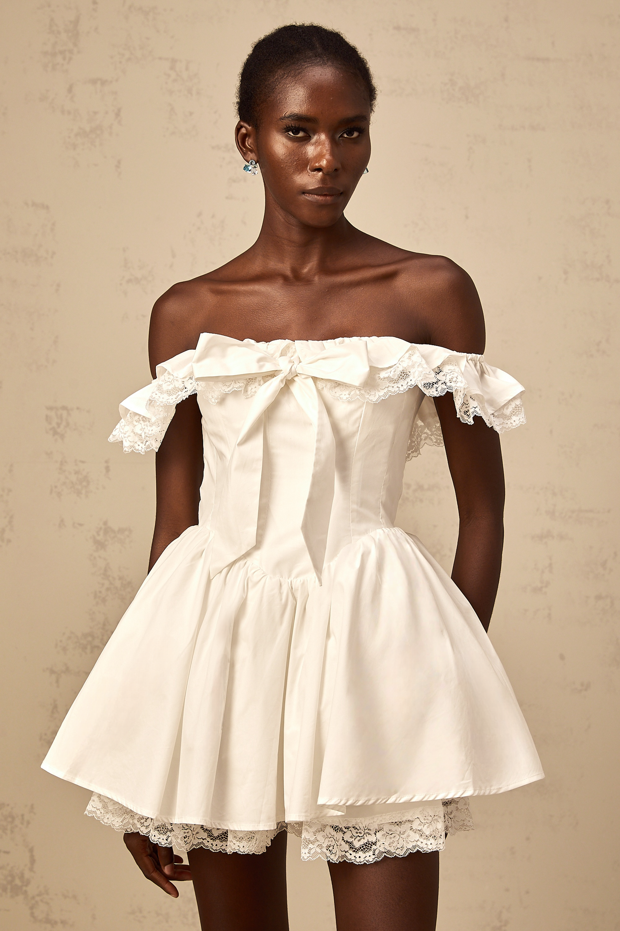 Arsène white oversize-bow ruffled mini dress (Final Sale)