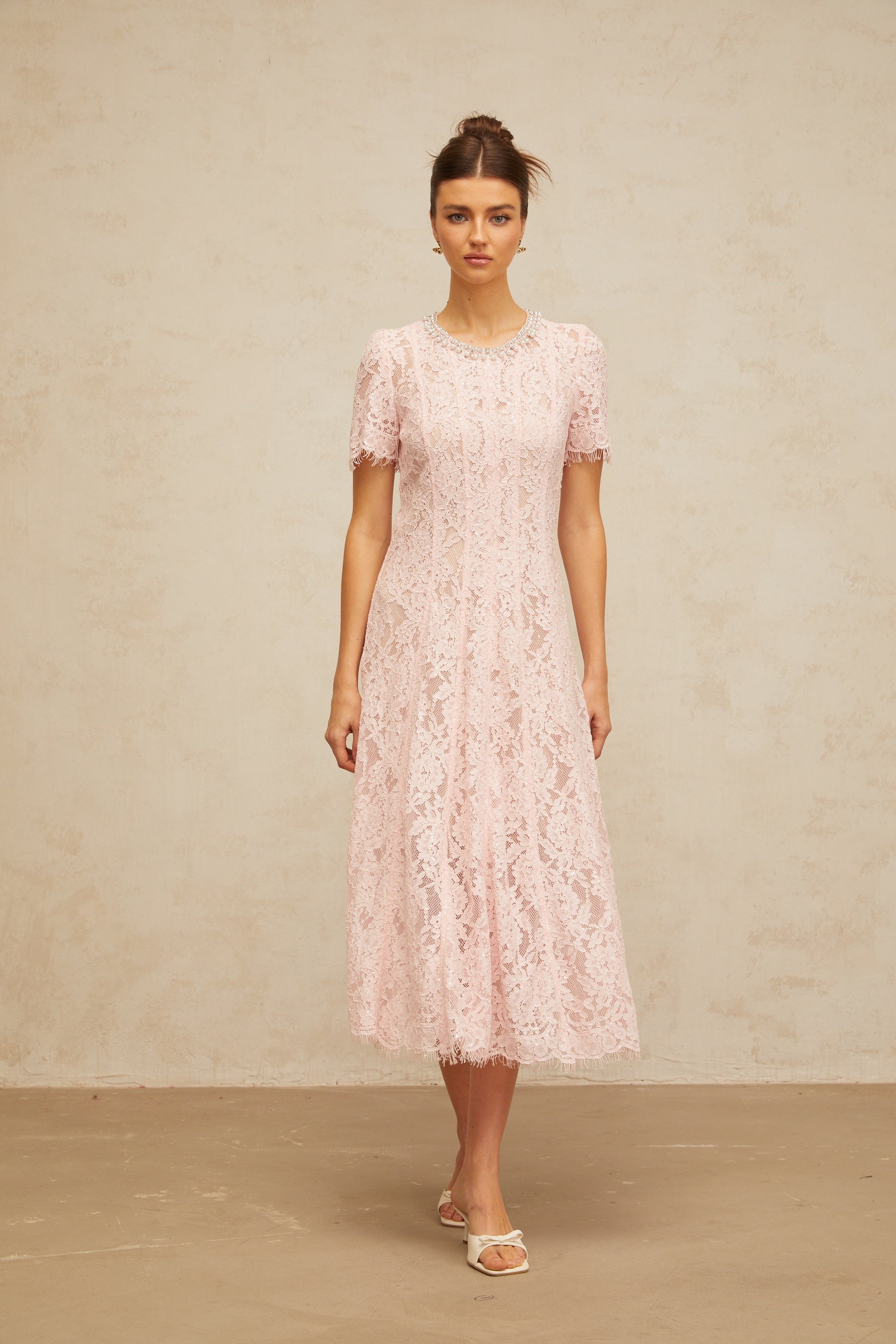 Dulcie pink embellished floral-lace midi dress (Final Sale-US Only)
