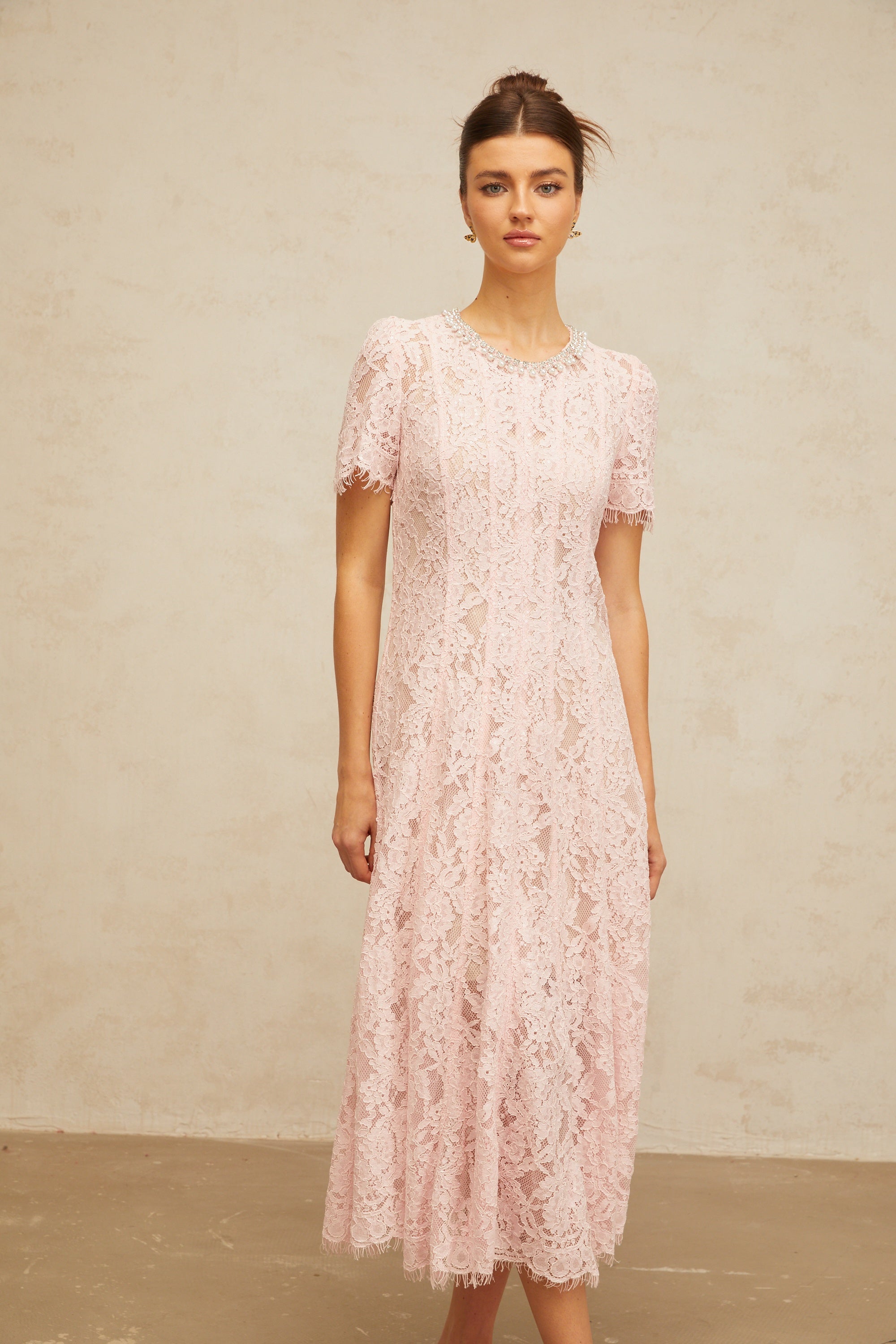 Dulcie pink embellished floral-lace midi dress (Final Sale-US Only)