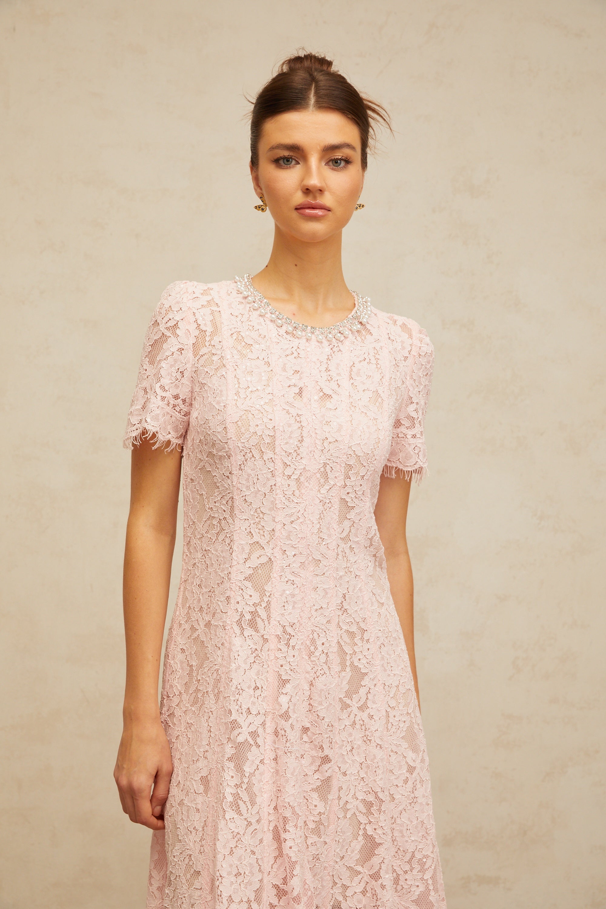Dulcie pink embellished floral-lace midi dress (Final Sale-US Only)