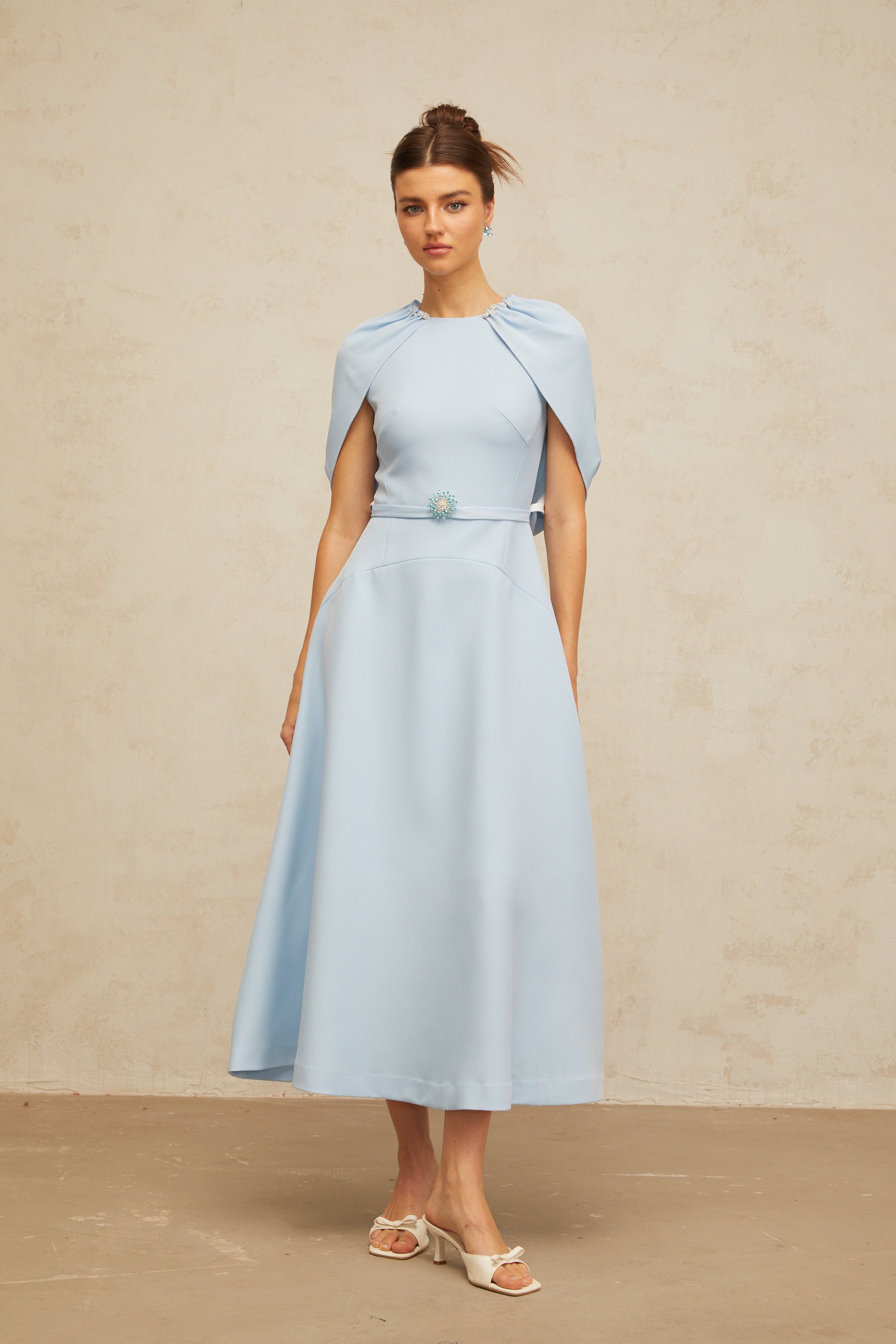 Lina blue shawl-panel embellished midi dress (Final Sale)