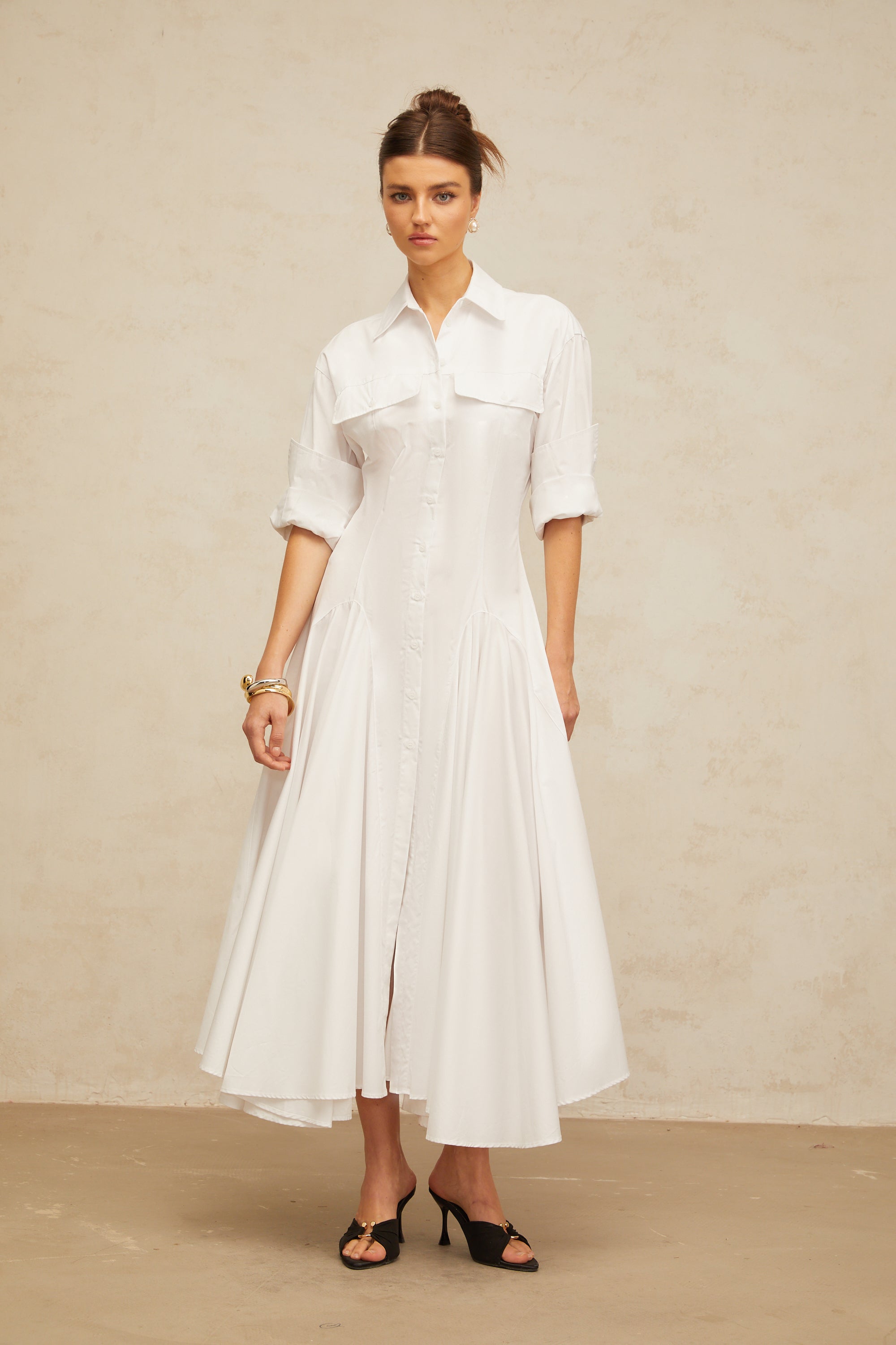 Dulcie white front-slit shirred shirt dress (Final Sale)