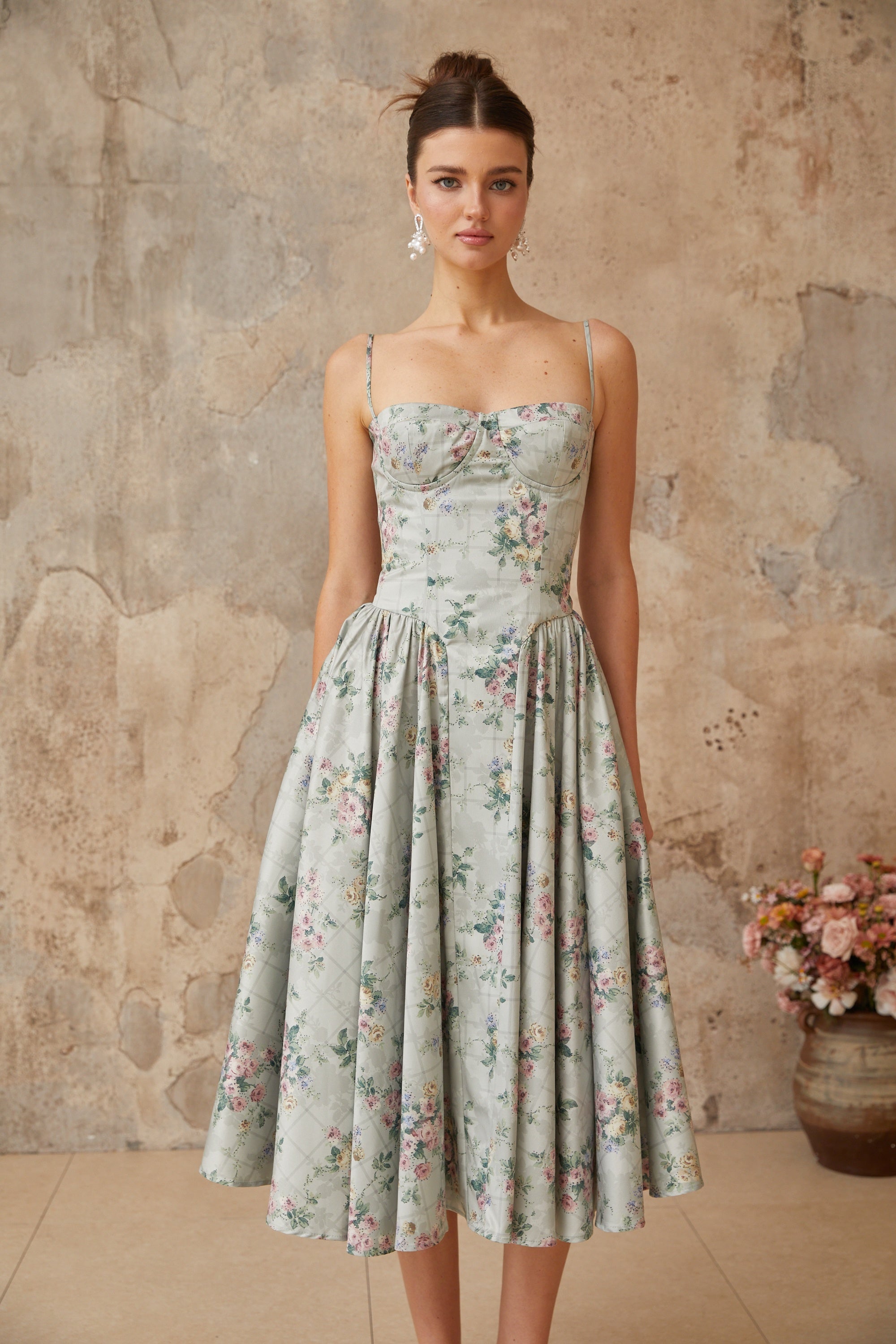Prunelle sage-green floral-print shirred midi dress (Final Sale)