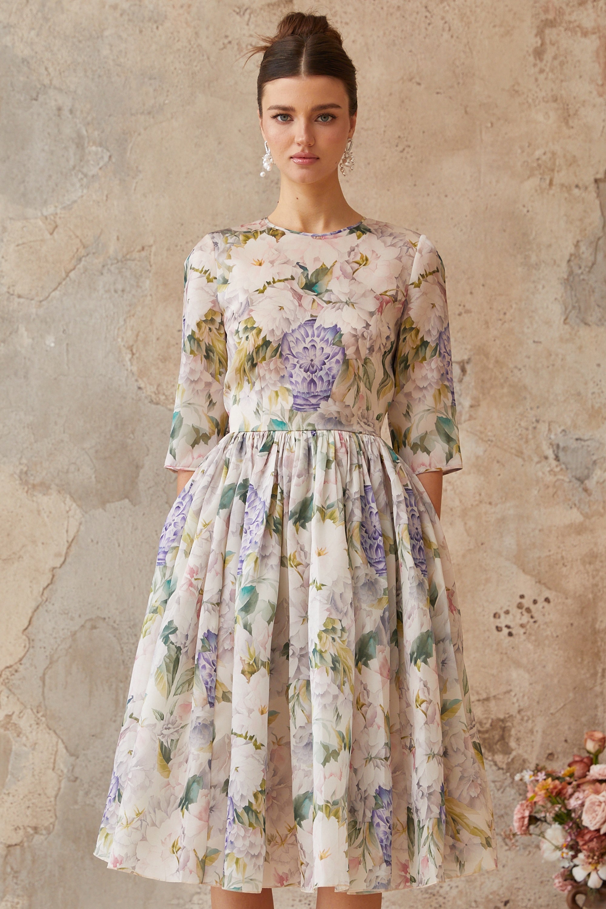 Lydie Floral Print Shirred Midi Dress (Final Sale)