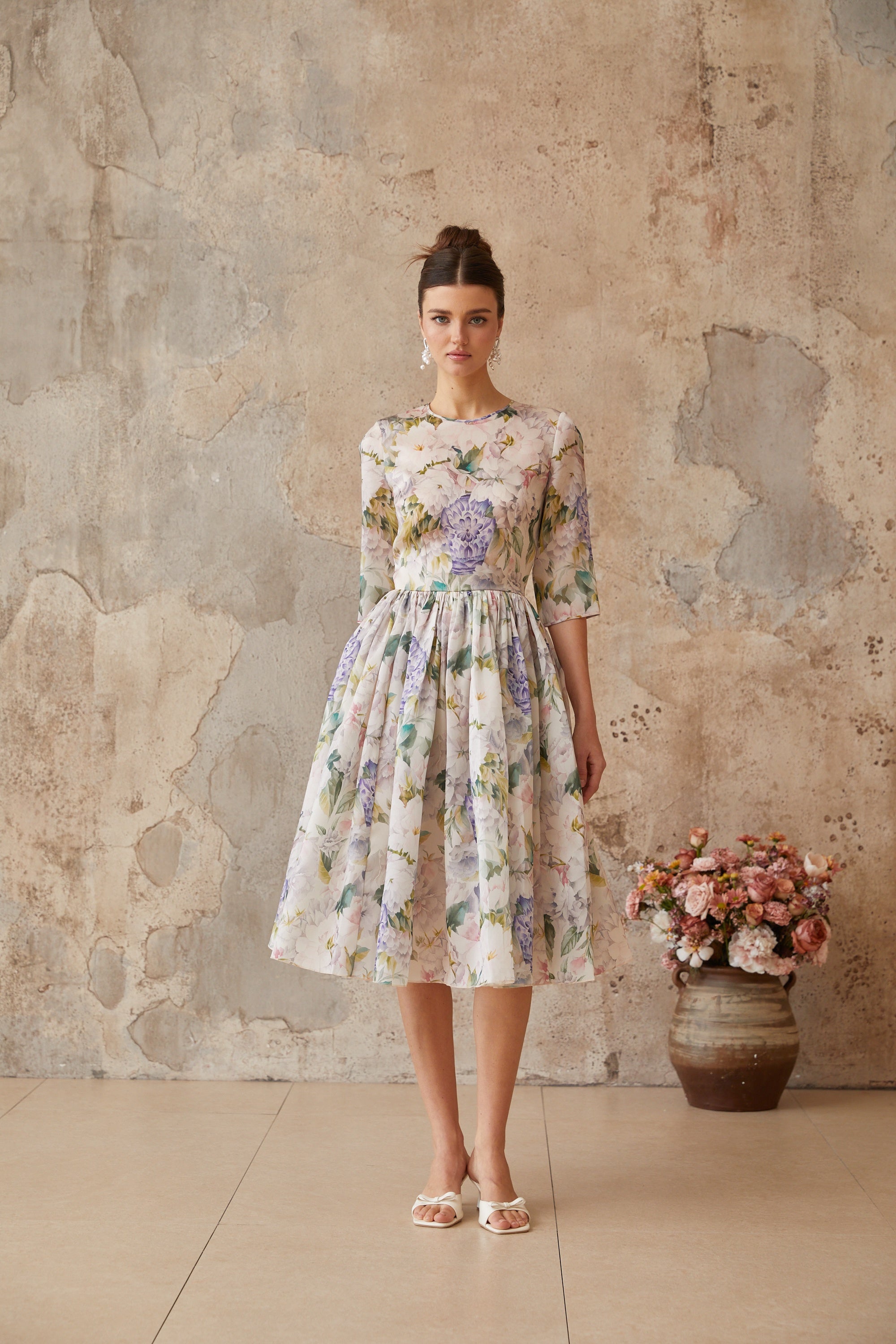 Lydie Floral Print Shirred Midi Dress (Final Sale)