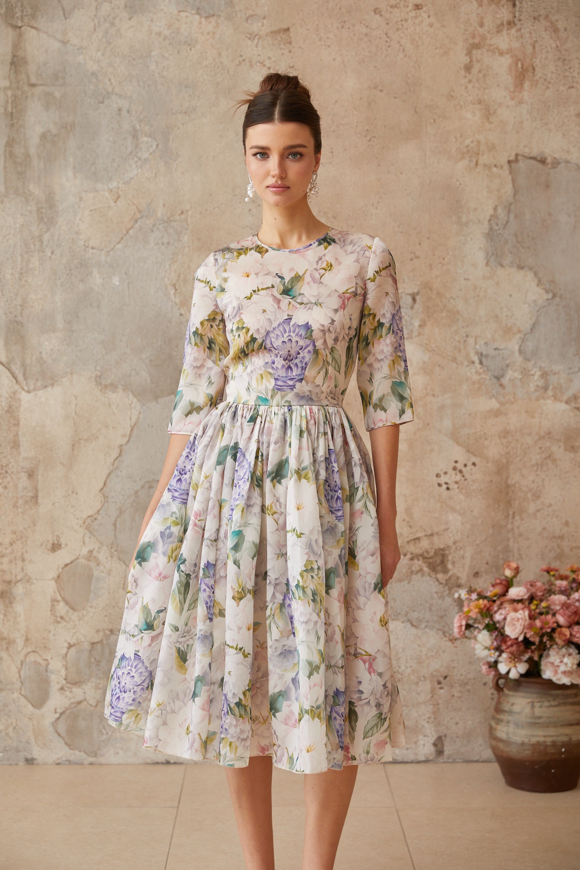Lydie Floral Print Shirred Midi Dress (Final Sale)